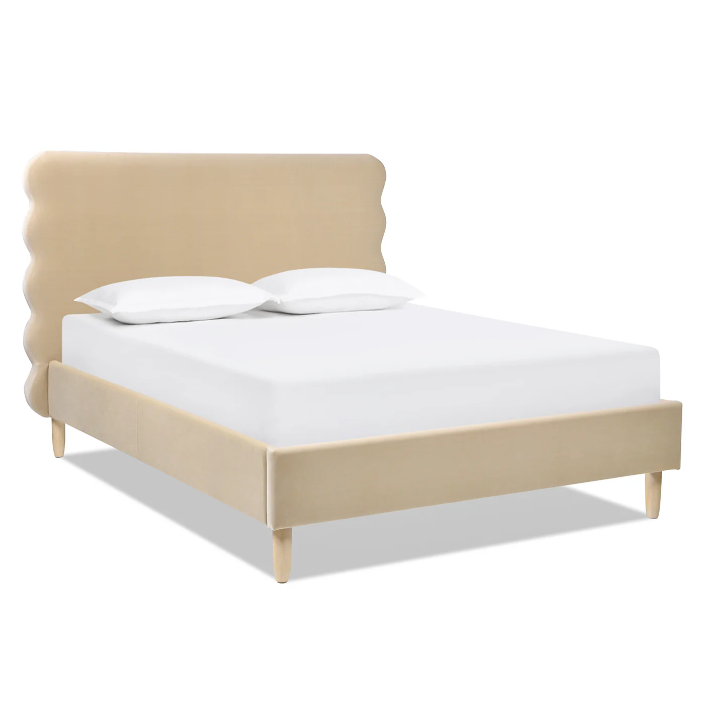Essencee Upholstered Platform Bed with Wavy Headboard and Wood Legs