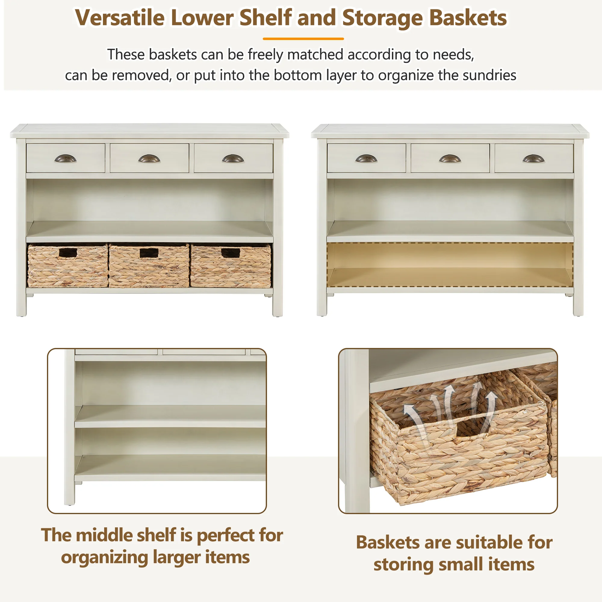 Coronate Console Table with Drawers and Water Hyacinth Woven Baskets