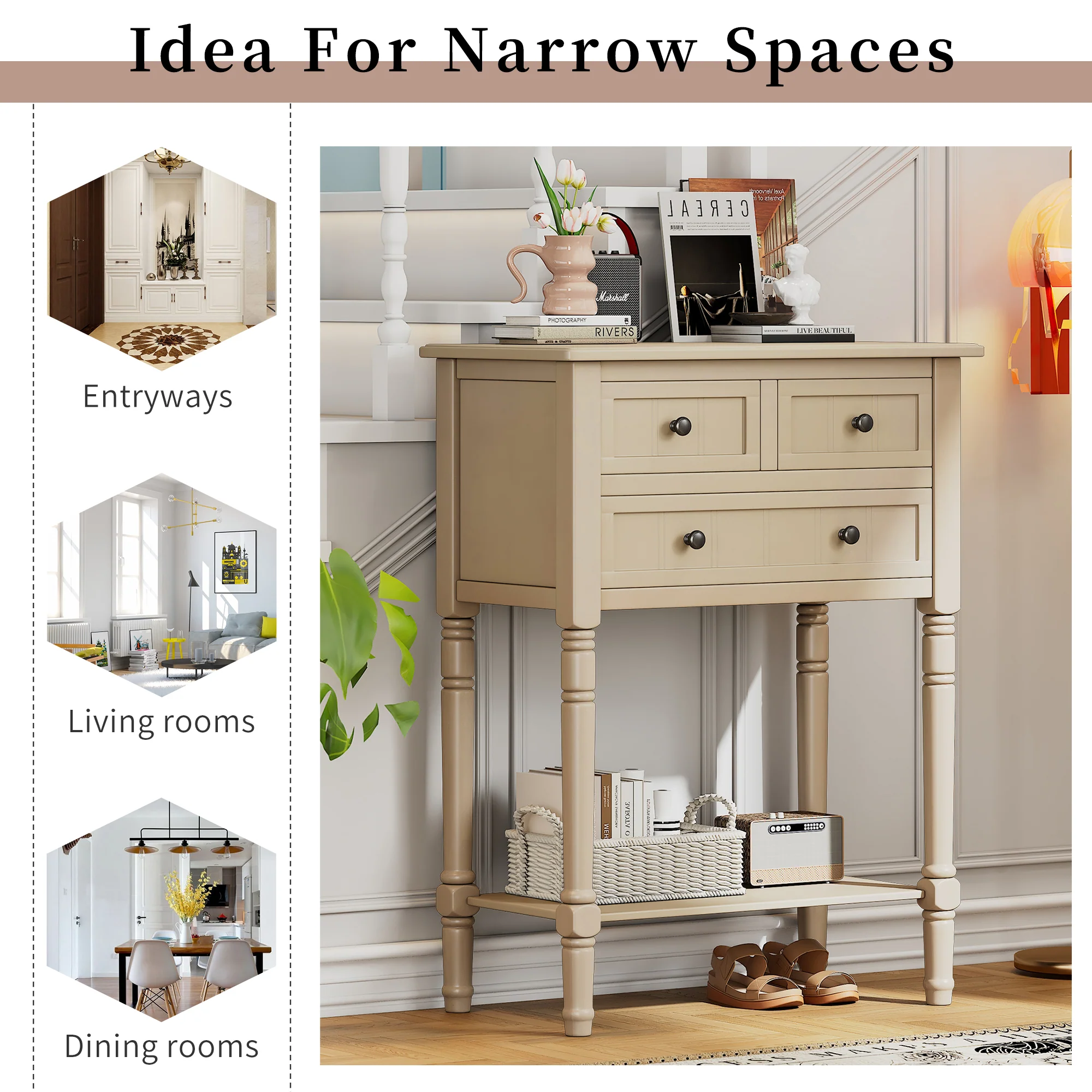 Conquest Narrow Console Table with 3 Drawers and Bottom Shelf