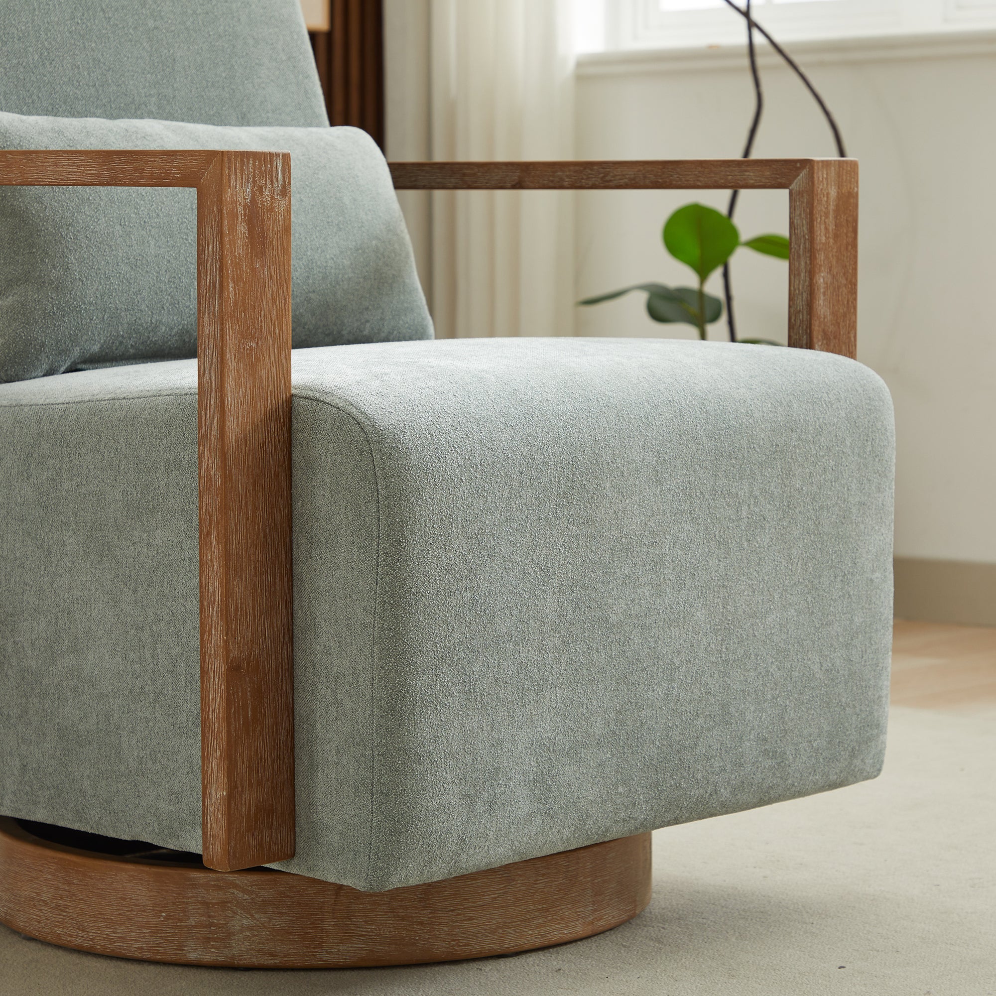Upholstered Swivel Chair with Open Arms Design and Wood Base