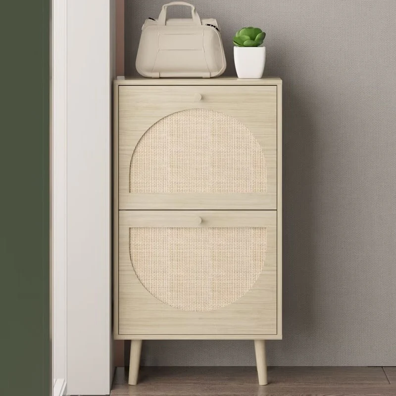 Rattan Shoe Cabinet with 2 / 4 Flip Drawers, Narrow Shoe Storage Cabinet,Organizer for Entryway, Bedroom, Living Room