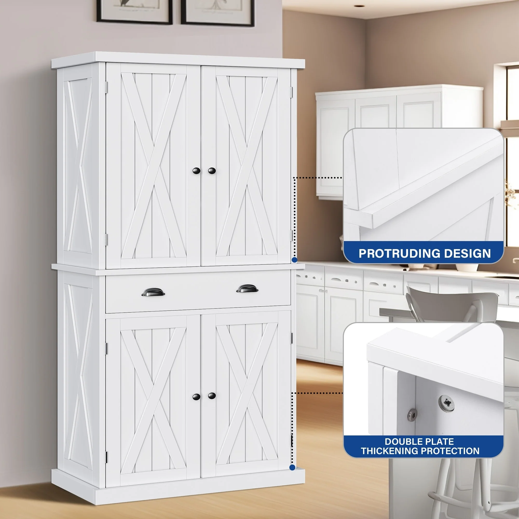 Moasis Farmhouse Traditional Freestanding Kitchen Pantry Storage Cabinet Cupboard