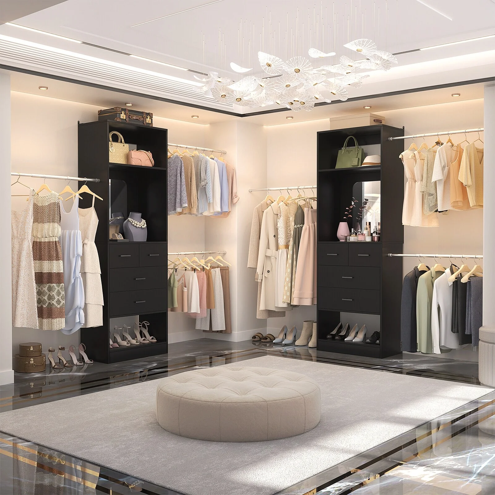 96'' W Closet System with Mirror, 8FT Walk-in Closet Organizer Kits with 4 Wooden Drawers ＆ 3 Extendable Hanging Rods