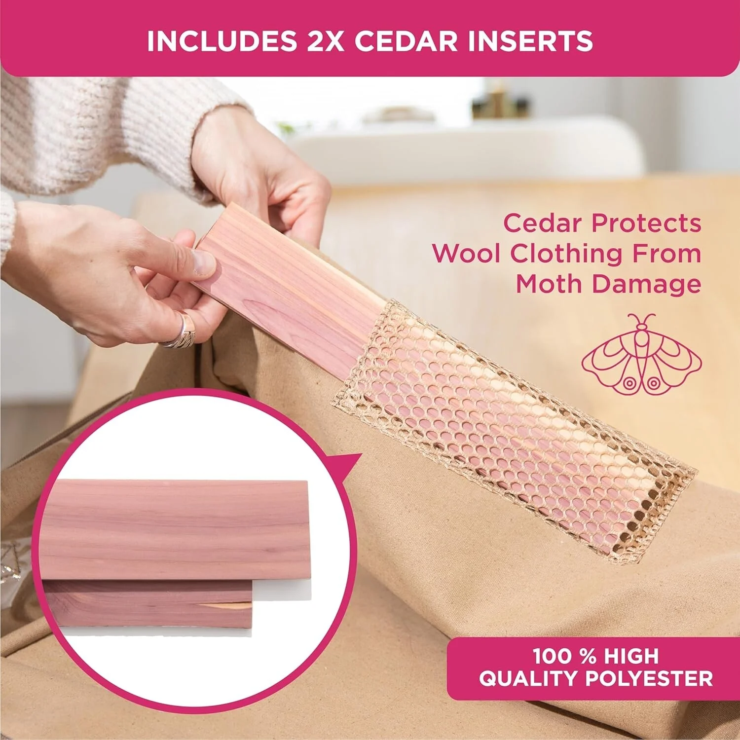Clothes Storage Bag Organizer with Cedar Insert to Protect from Moths, Moist, Dirt, Dust etc. - Set of 2 Bags
