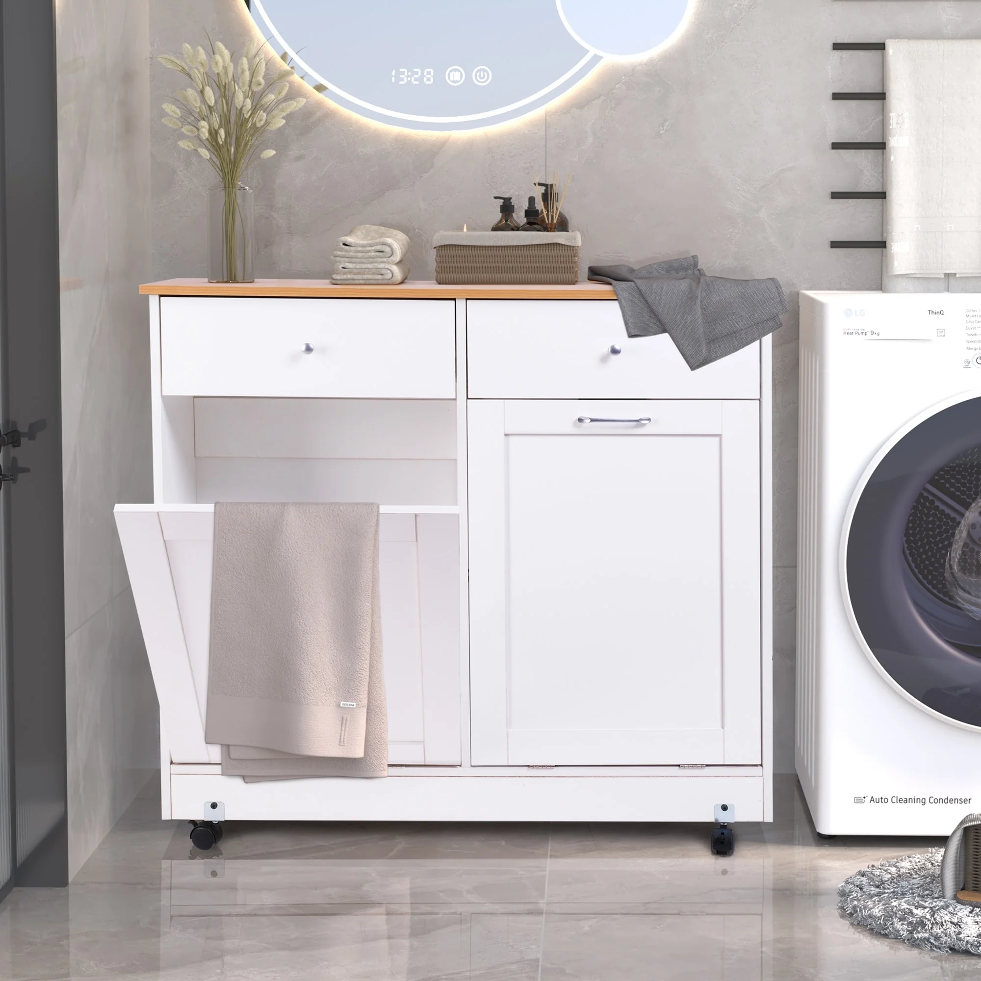 Erommy Tilt Out Trash Cabinet, Wooden Kitchen Trash Can Free Standing Waste Bin, Recycling Hideaway Garbage Can Holder
