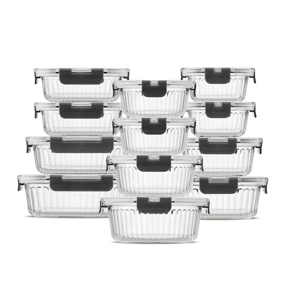 JoyJolt 24-Piece Fluted Glass Food Storage Container Set with Lids - 13.5 oz. 20.5 oz. 32 oz. 5.2 in. 5.9 in. 6.75 in.