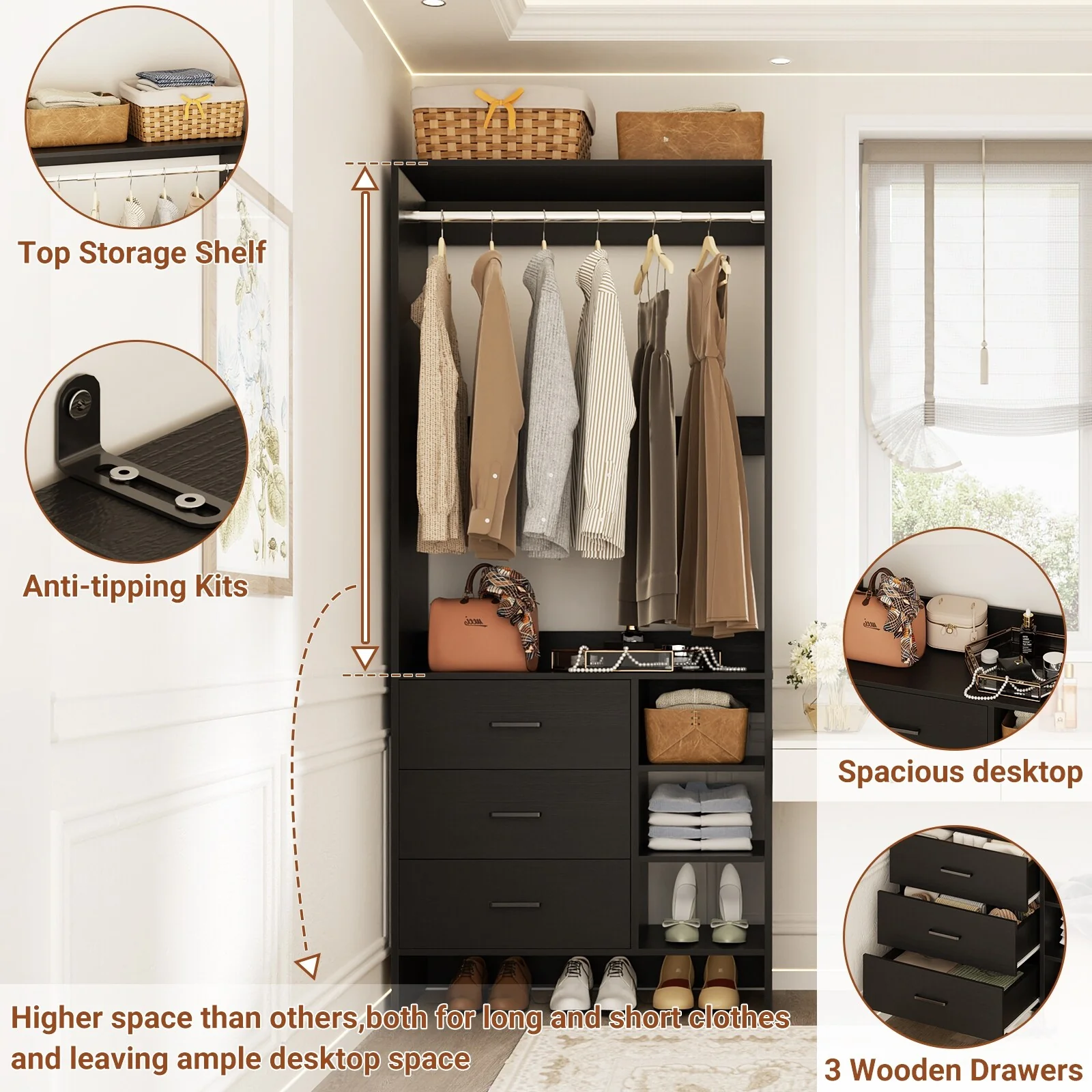 Cimly 30'' W Freestanding Closet Sytem with Hanging Rod, Closet Organizer with Drawers and Shelves