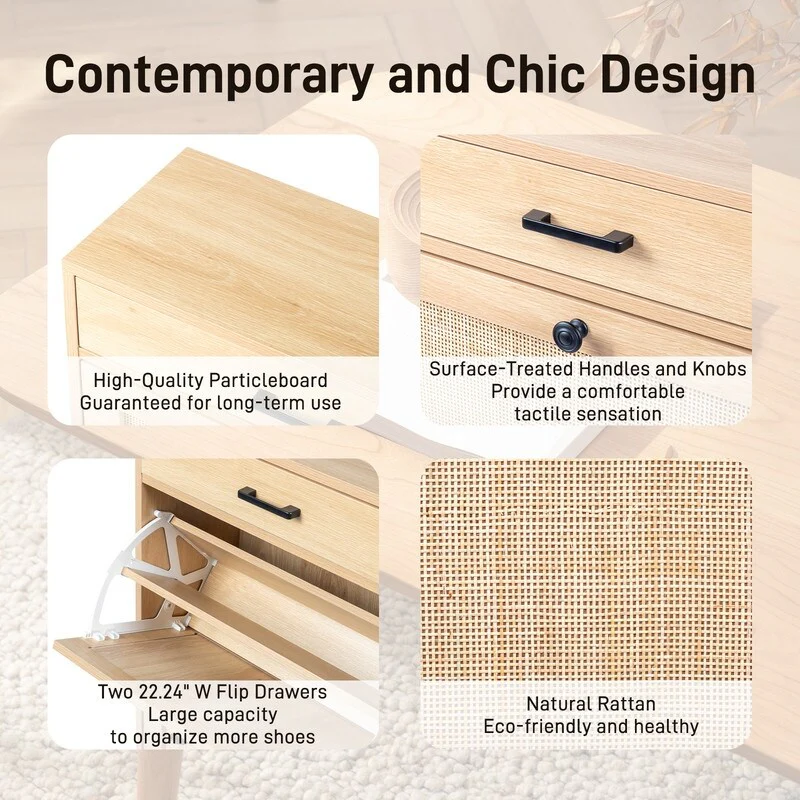 Real Rattan Shoe Cabinet with 2 Flip Drawers & 1 Small Drawer
