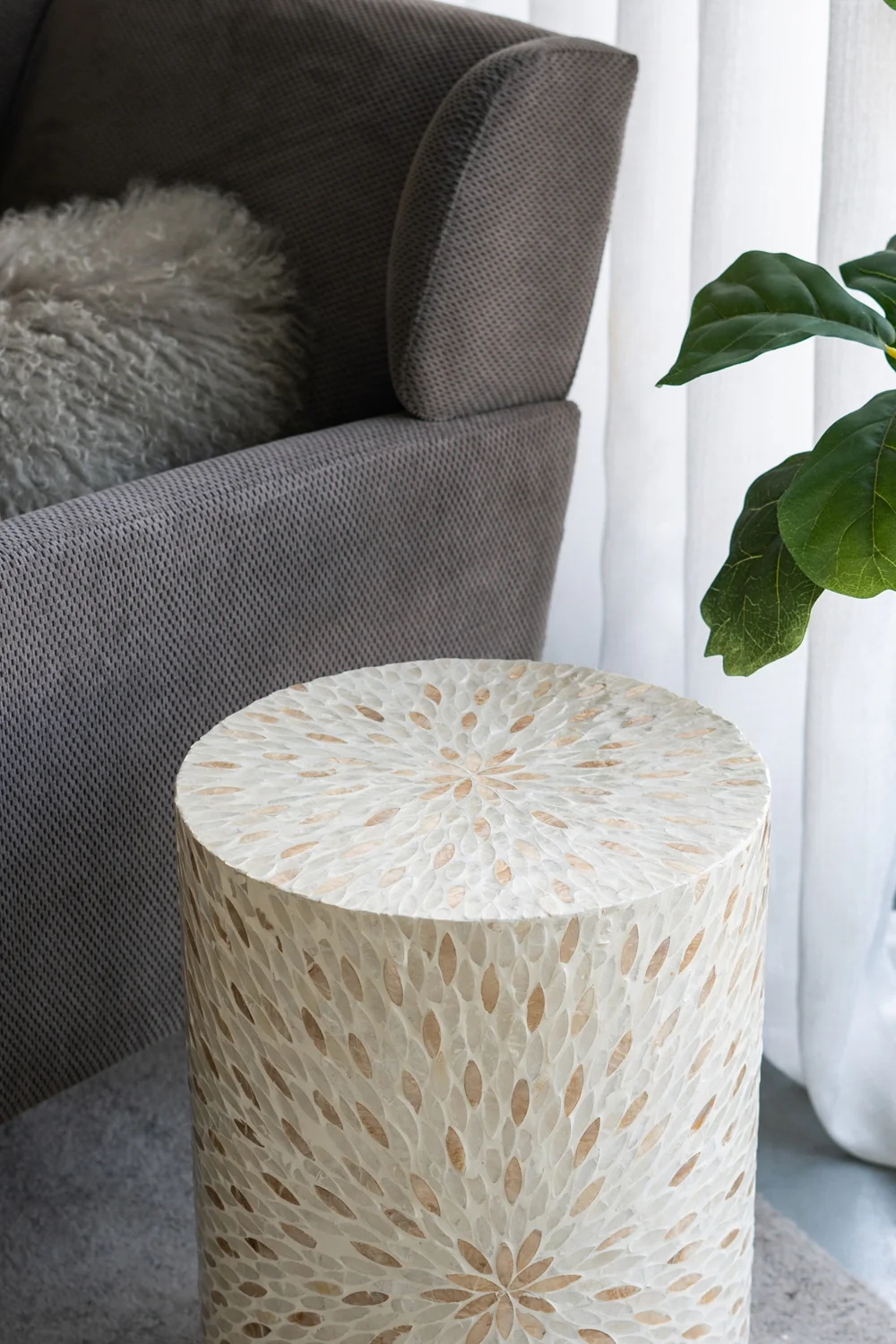 Gold and White Capiz Drum Side Table