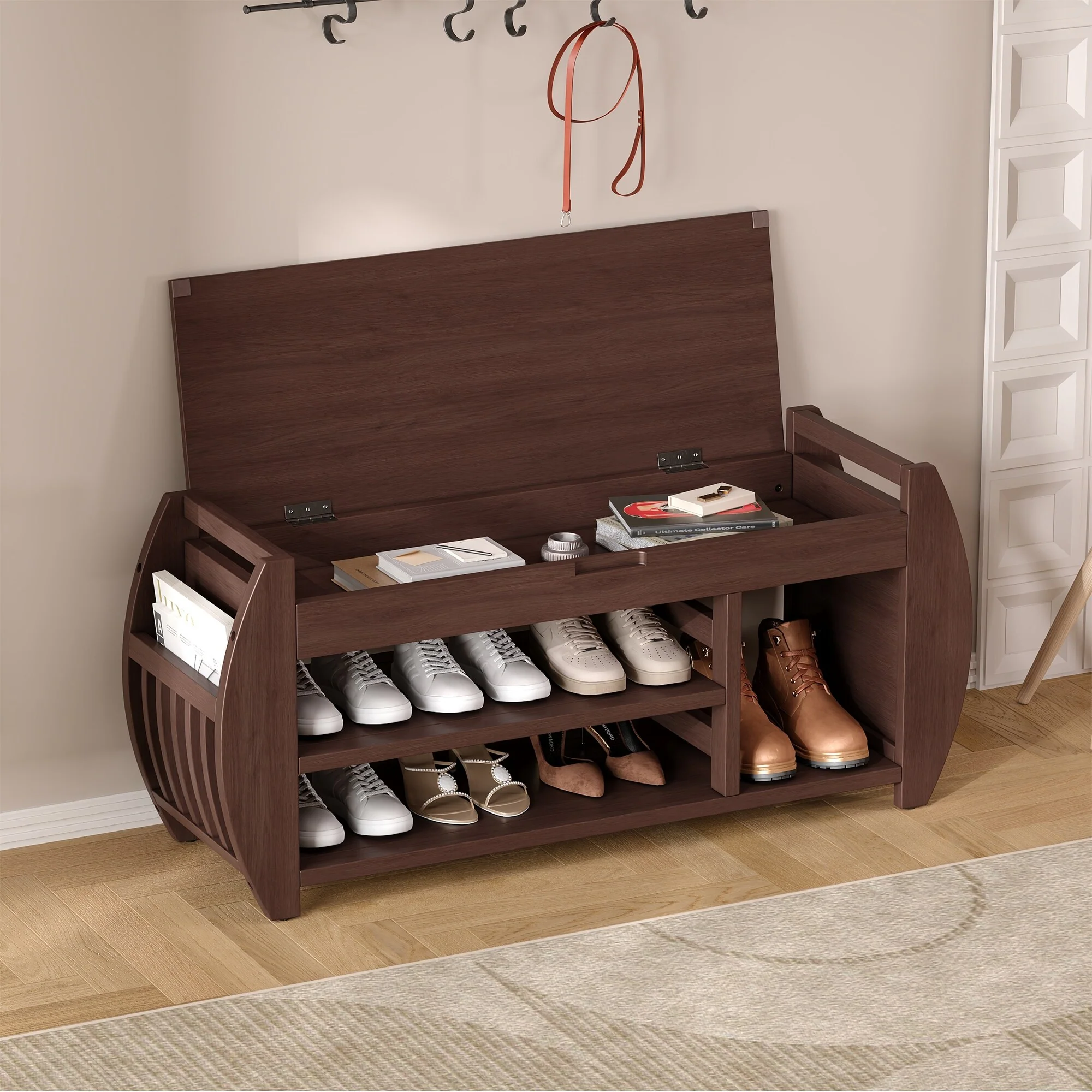 Multifunctional Storage Bench with Cushion and Curved Side Panel for Entrance and Living Room