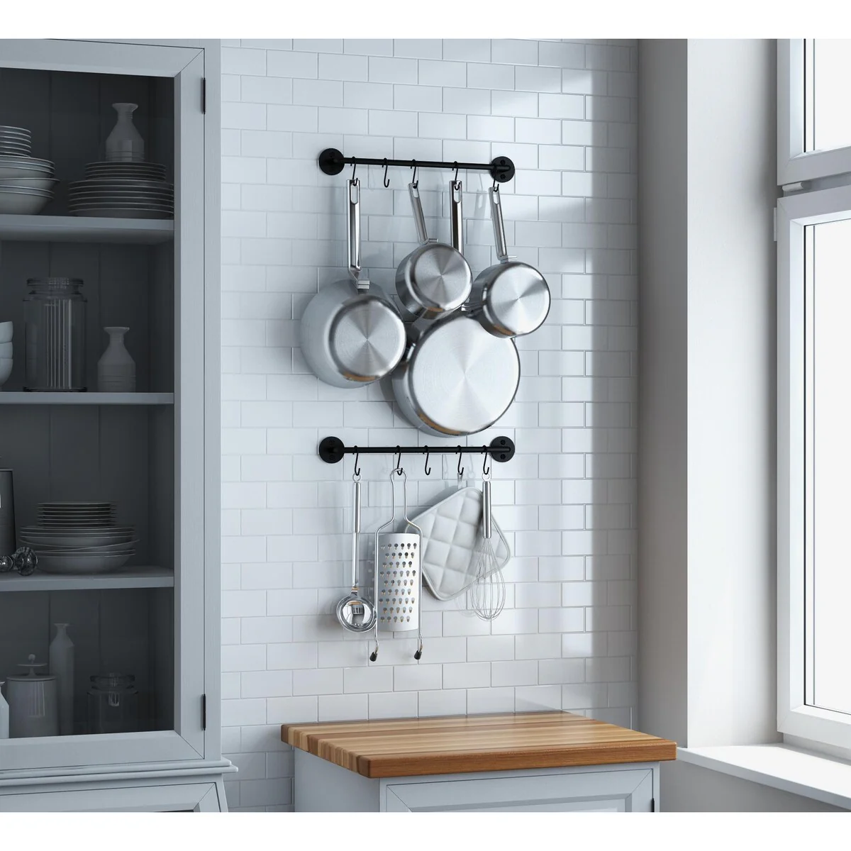 Wallniture Cucina Kitchen Utensil Holder with 20 S Hooks, Pot Racks, Black (Set of 2)