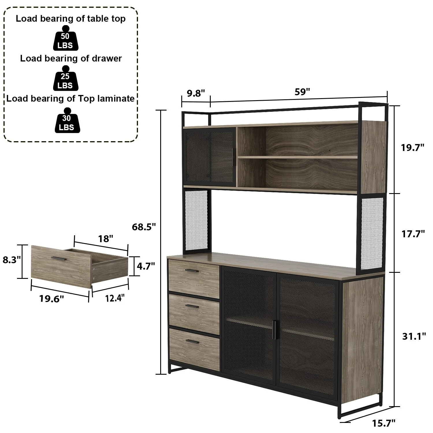 Large Buffet with Hutch,Kitchen Pantry Cupboard Sideboard