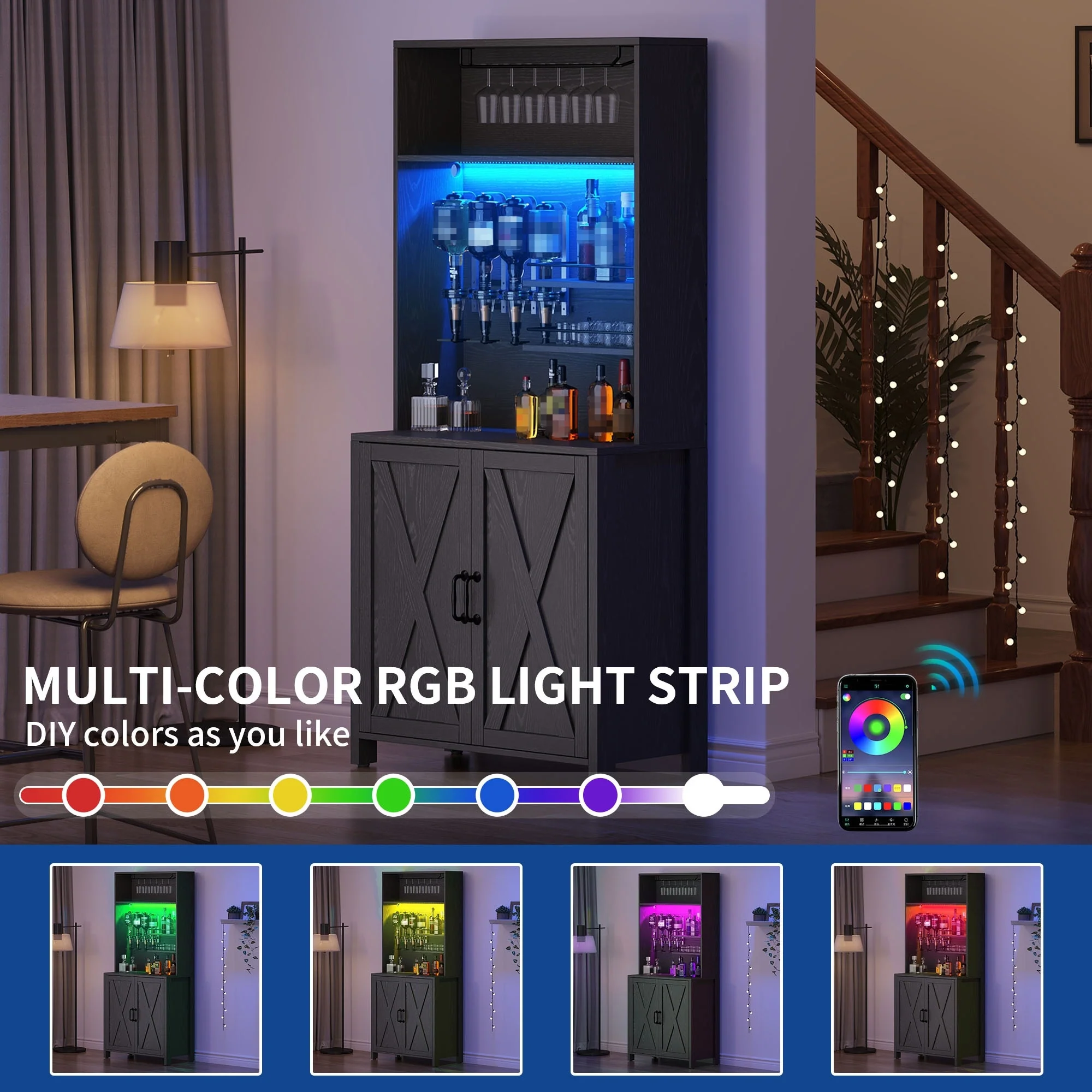 Moasis Farmhouse Bar Cabinet Wine Rack with RGB Light and Power Outlet