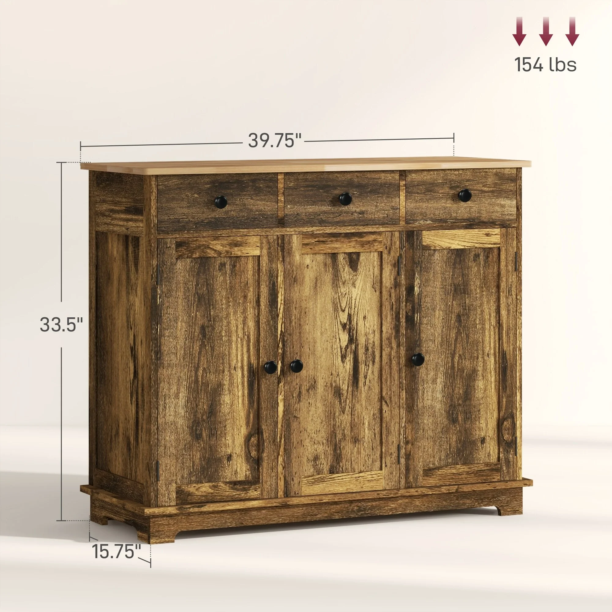 HOMCOM Sideboard with Solid Wood Countertop, Modern Kitchen Storage Cabinet, Coffee Bar Cabinet with 3 Drawers