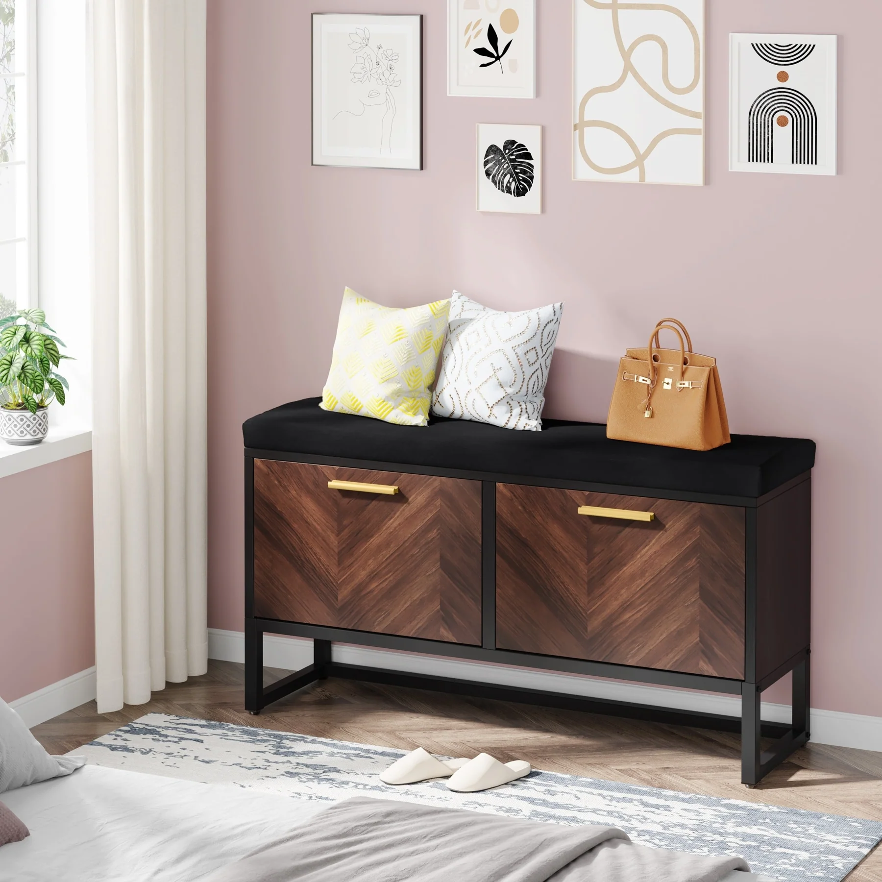 Shoe Storage Bench with Cushion, Entryway Shoe Bench with 2 Flip Drawers