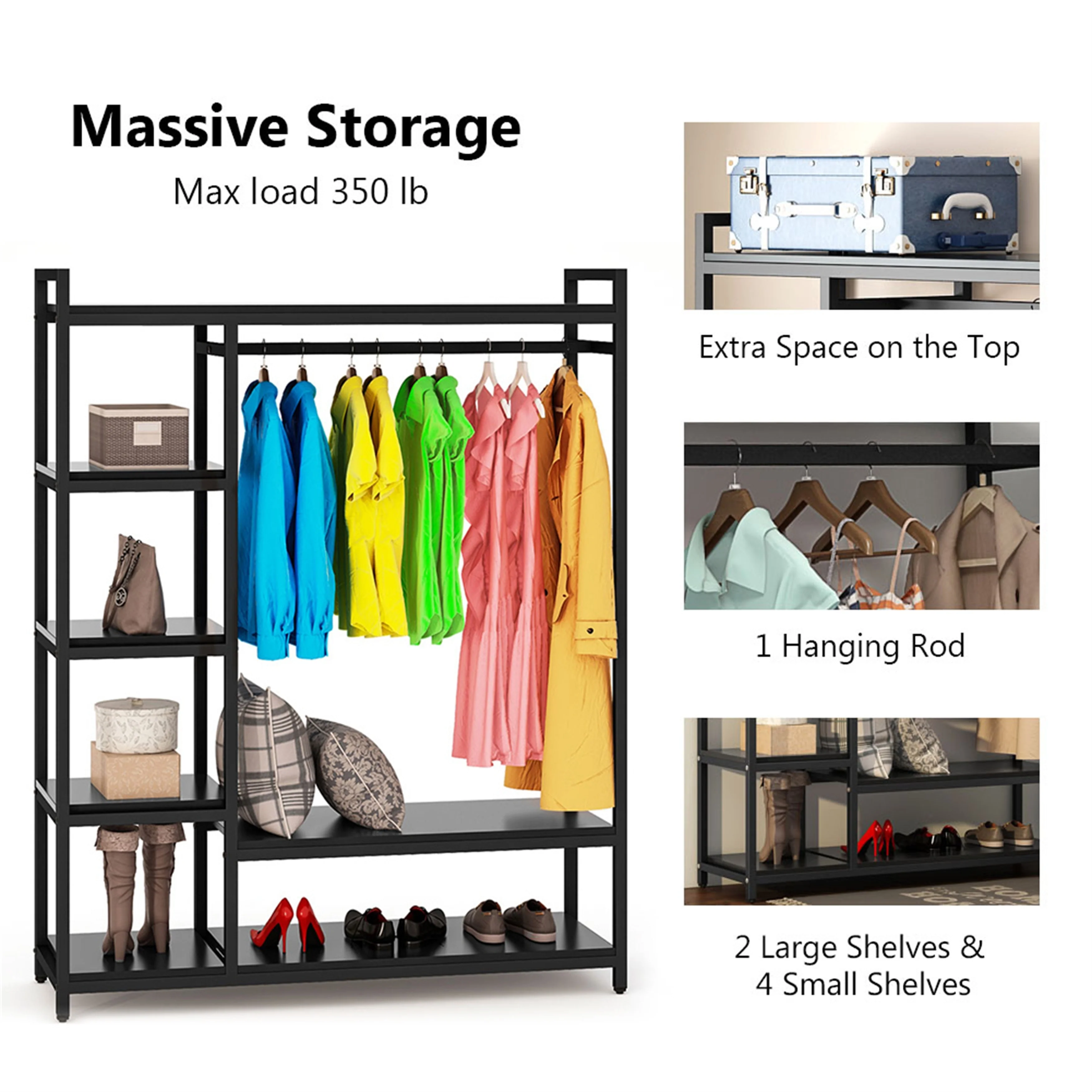Black/ White Modern Clothes Garment Rack,Metal and Wood Closet Rack Closet Organizer System with Hanging Rod and Shelf