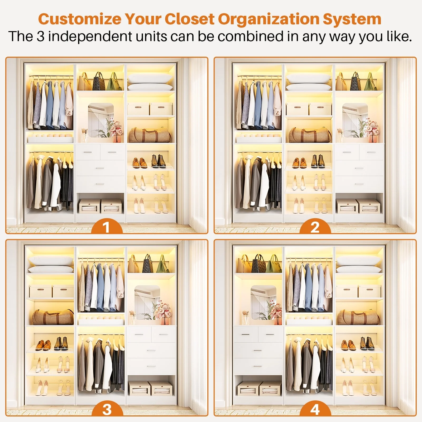 Cimly Set of 3 Freestanding Closet System with Drawers and Shoe Racks, 75'' Closet Organizer with Hanging Rods and Mirror