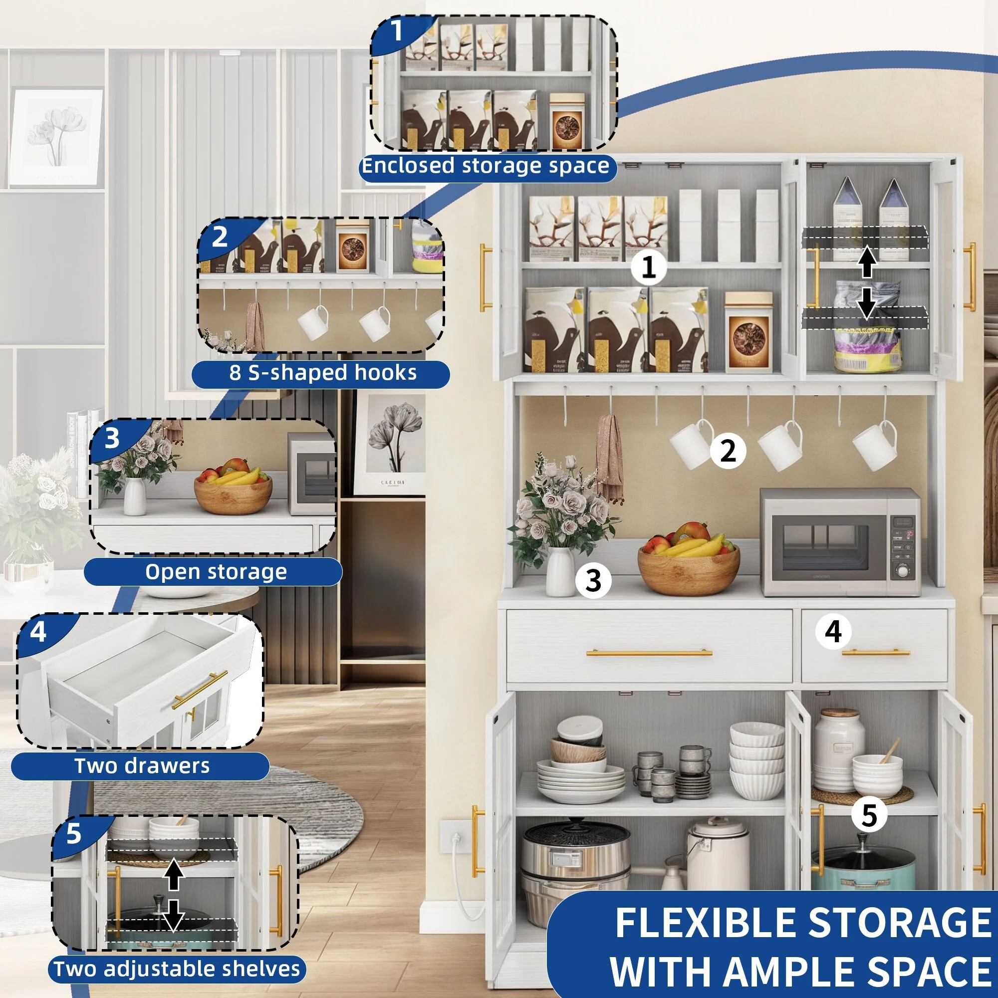 Moasis 71'' Kitchen Pantry Storage Cabinet Microwave Stand Hutch Cabinet with Power Outlet
