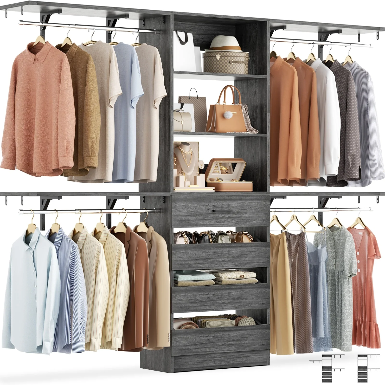 Rackcog 96'' Closet System with 4 Drawers and 4 Hanging Rods, 8FT Wood Closet Organizer for Walk-in Closet