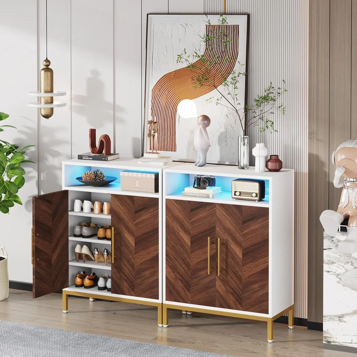 16 Pairs Shoe Cabinet with Doors, 5-tier Entryway Cabinet with Led Light, Free Standing Shoe Racks
