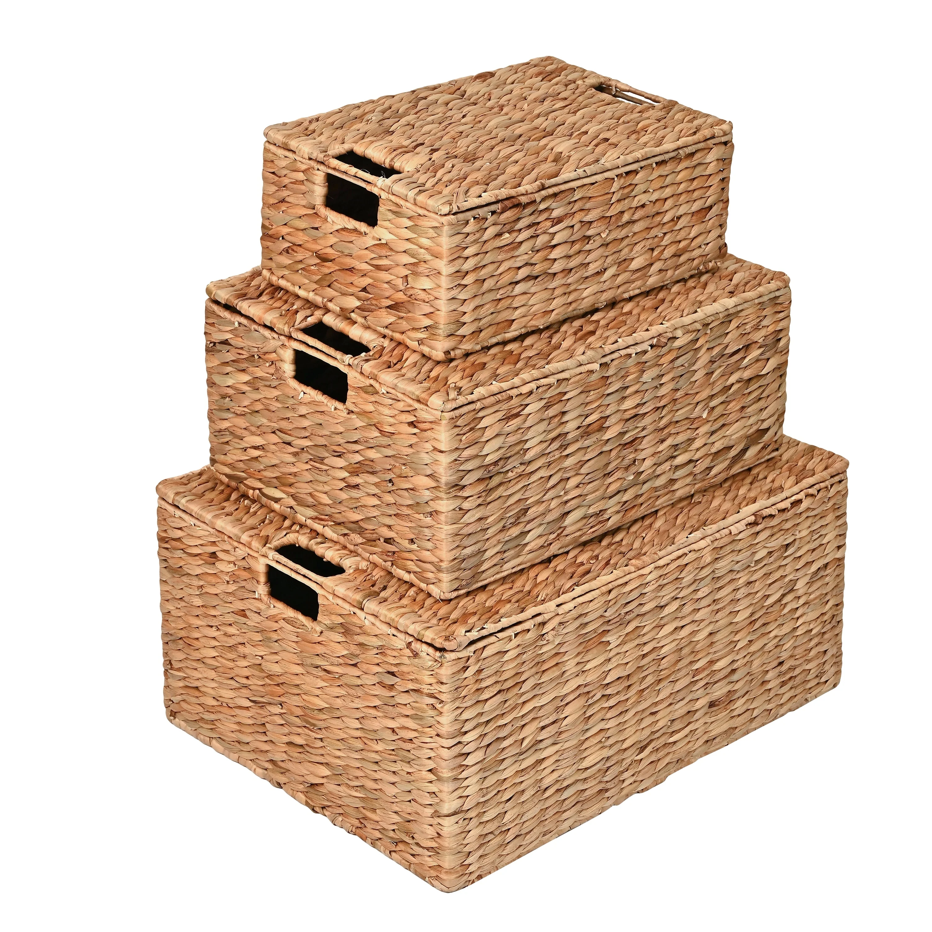 Woven Rectangular Storage Baskets with Lids & Handles (Set of 3)