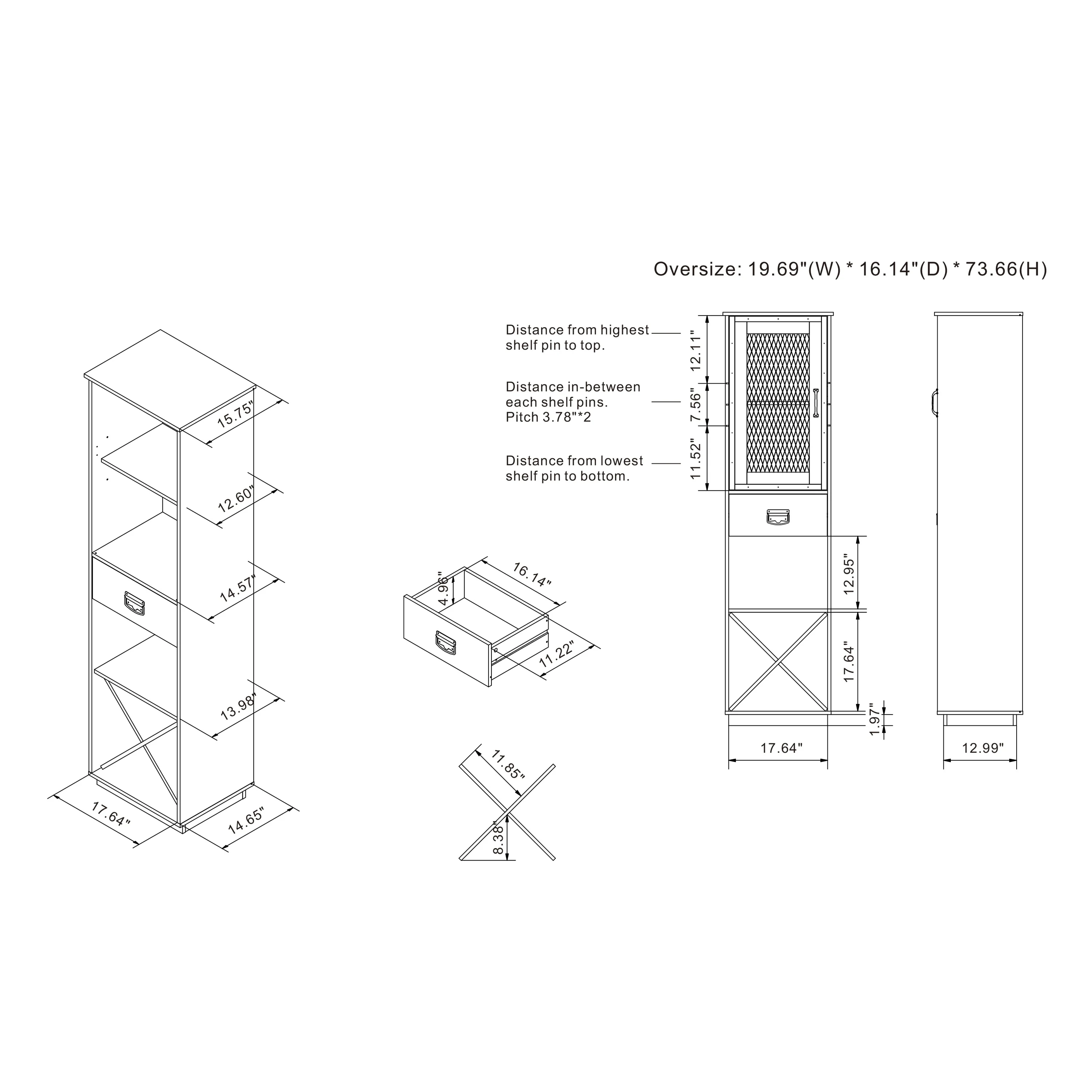 DH BASIC Industrial 3-shelf Tower Cabinet with Wine Bottle Storage by Denhour