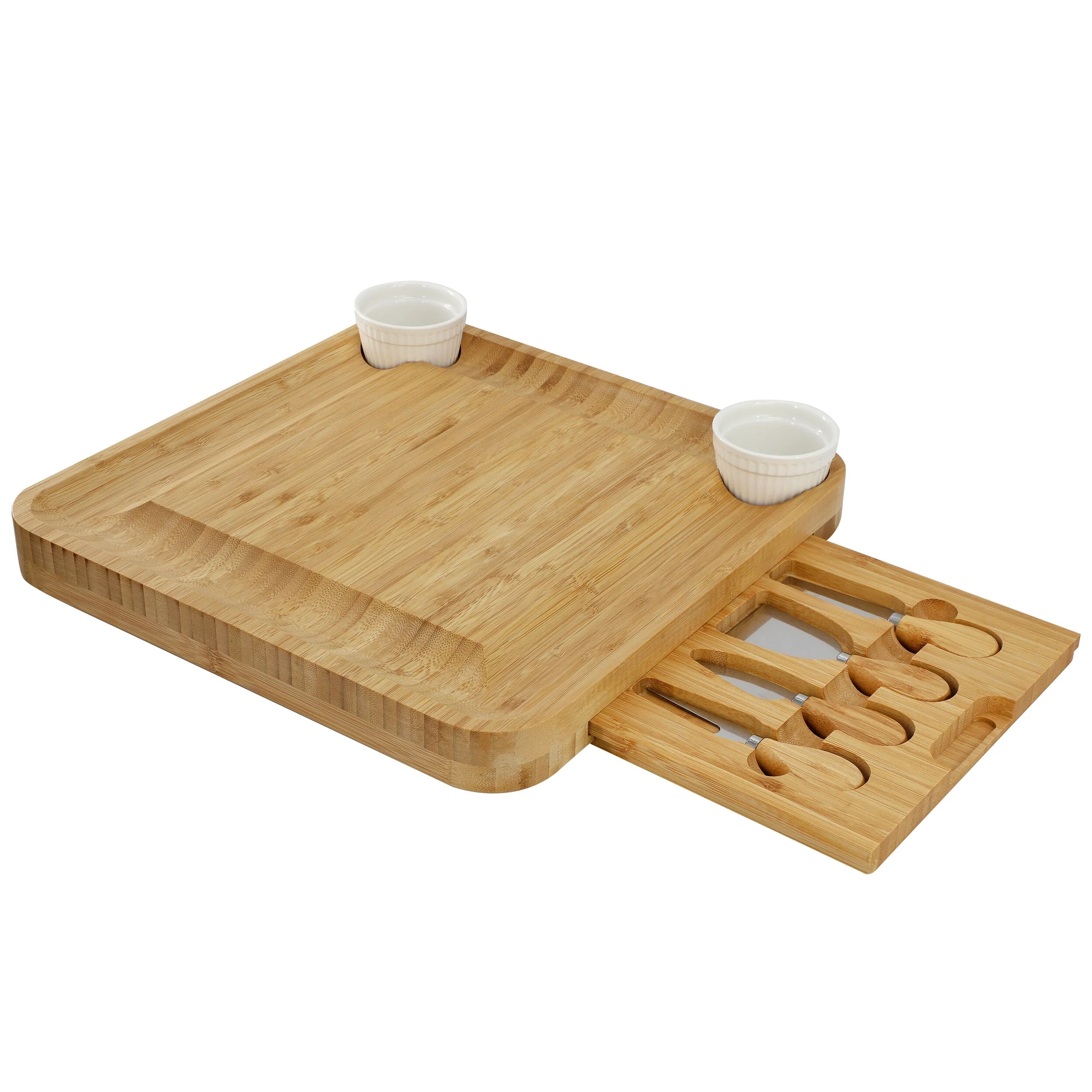 MegaChef Bamboo Charcuterie Cheese Board Set with Ramekins and Slide Out Cutlery Drawer