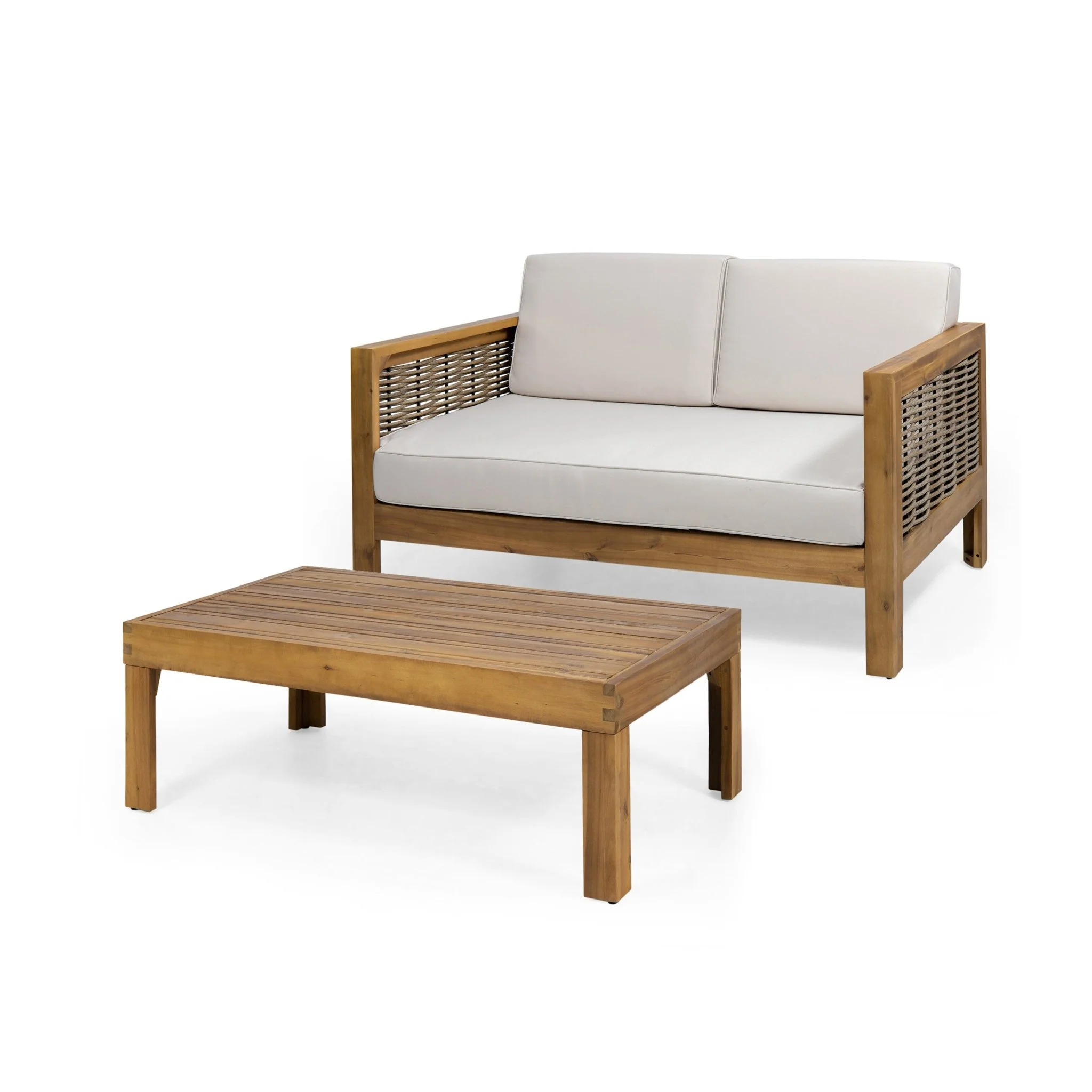 Outdoor Patio Acacia Wood Set with Coffee Table and Loveseat