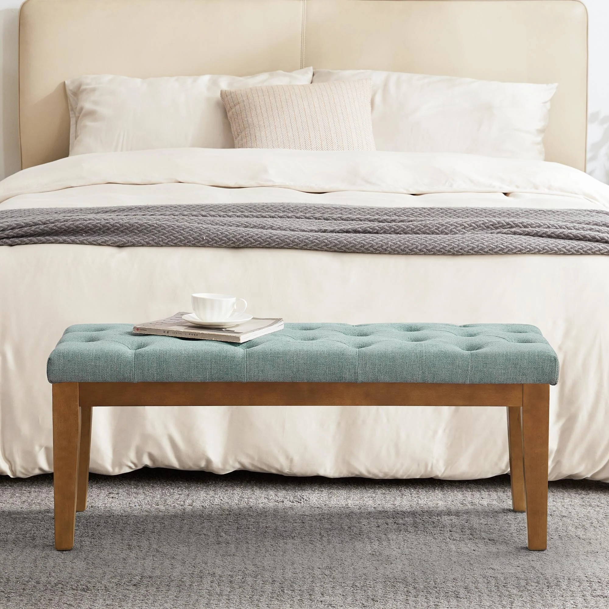 Button-Tufted Bench for End of Bed, Entryway Bench Beige/ Black/ Brown Solid Wood, Leather, Fabric 44-inch