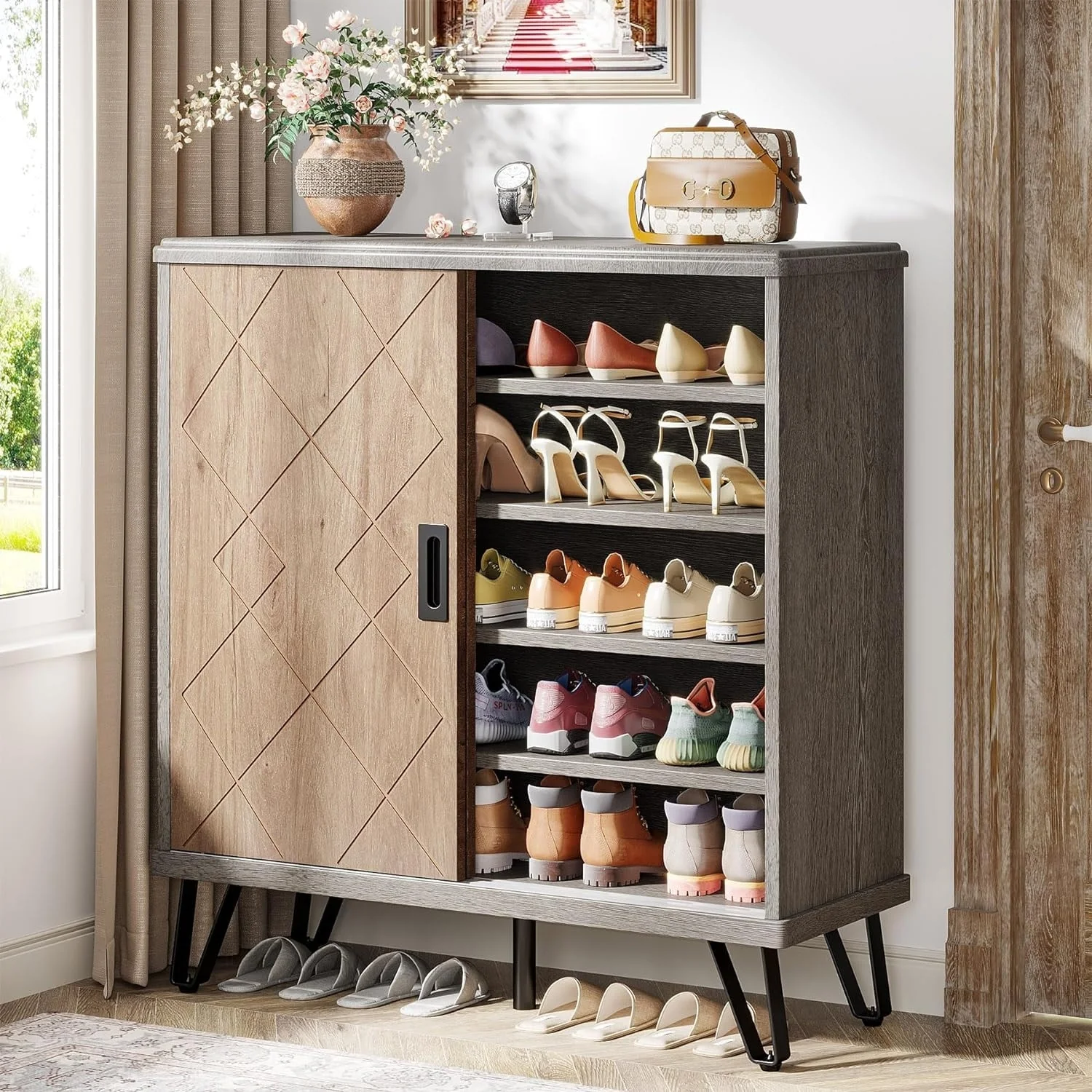 5-tier Wood Entryway Shoe Organizer Cabinet with Sliding Doors
