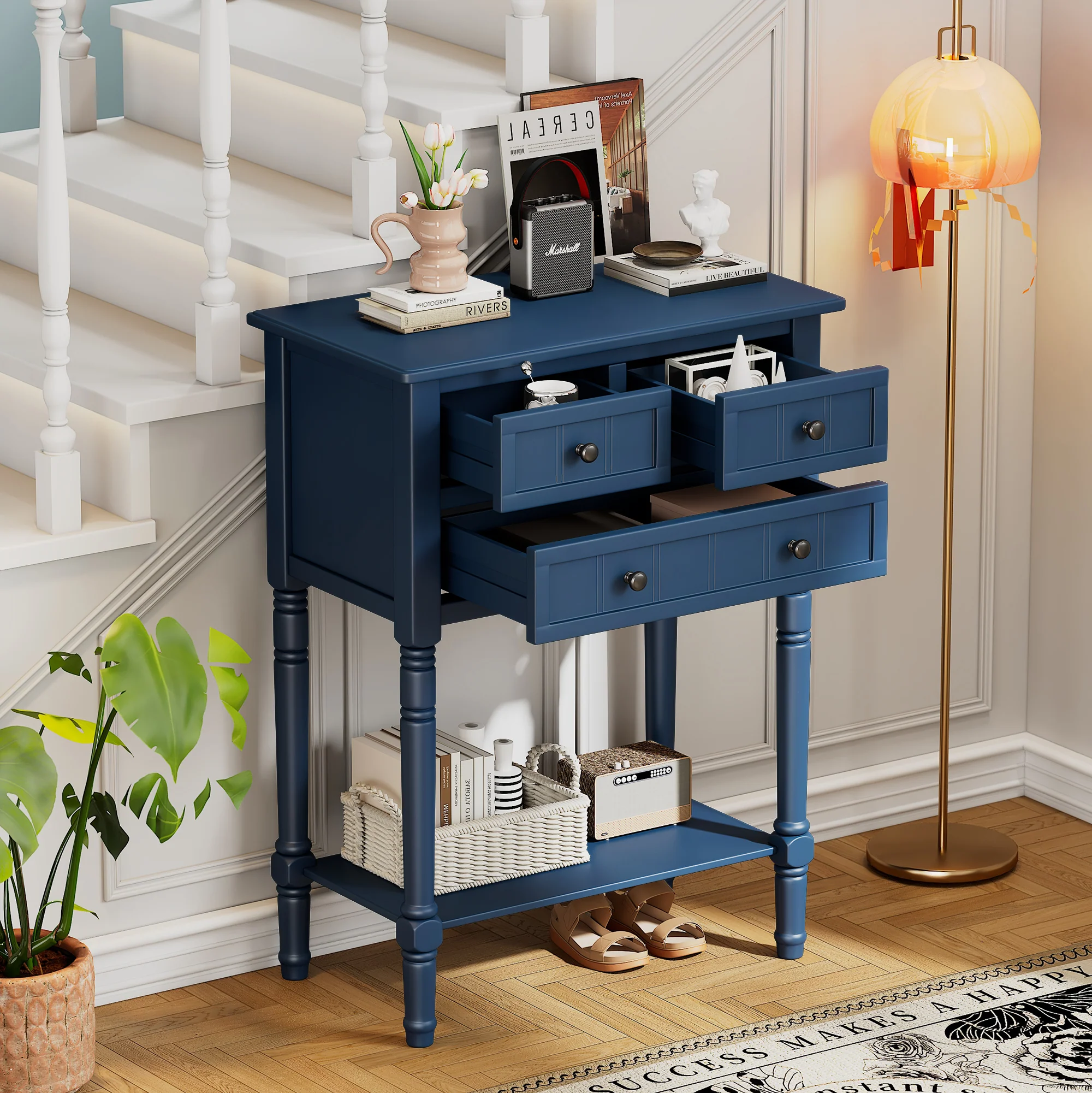 Conquest Narrow Console Table with 3 Drawers and Bottom Shelf
