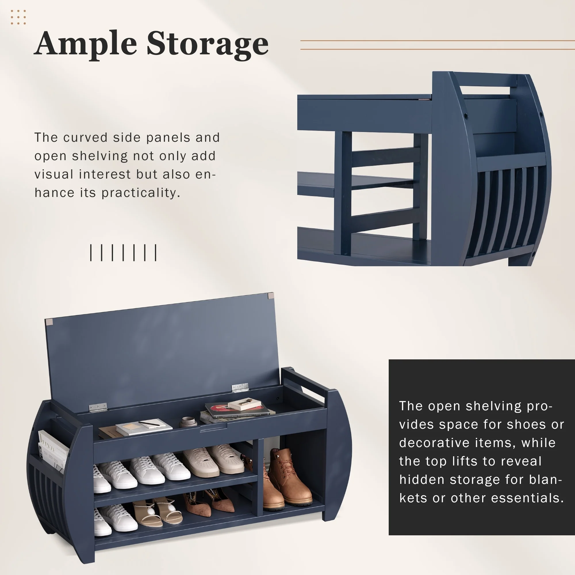 Multifunctional Storage Bench with Cushion and Curved Side Panel for Entrance and Living Room