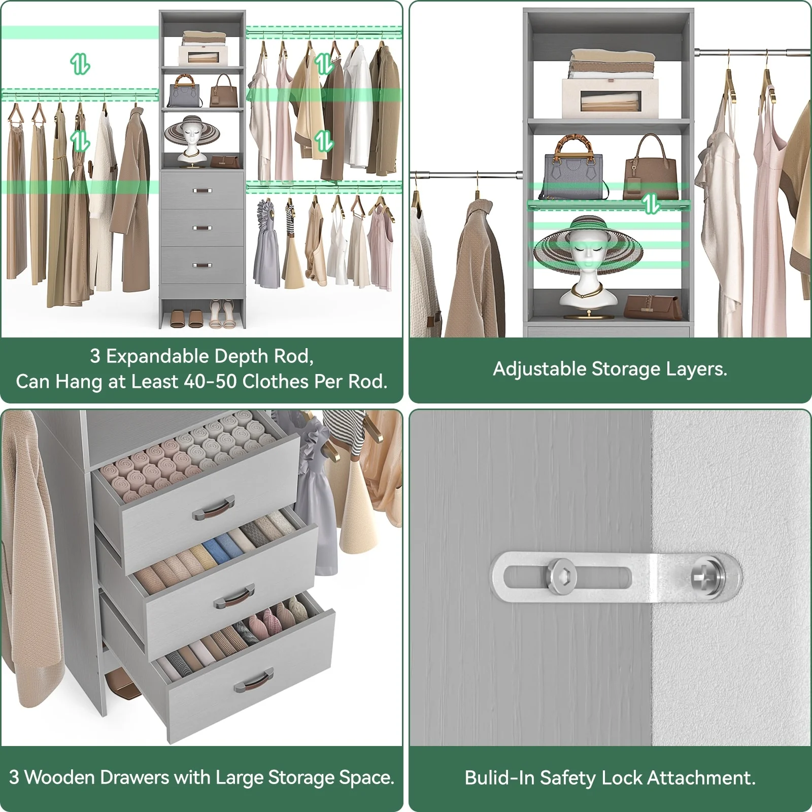20.2'' - 96'' W Closet Organizer with Drawers, Closet System with Hanging Rods and Adjustable Shelves