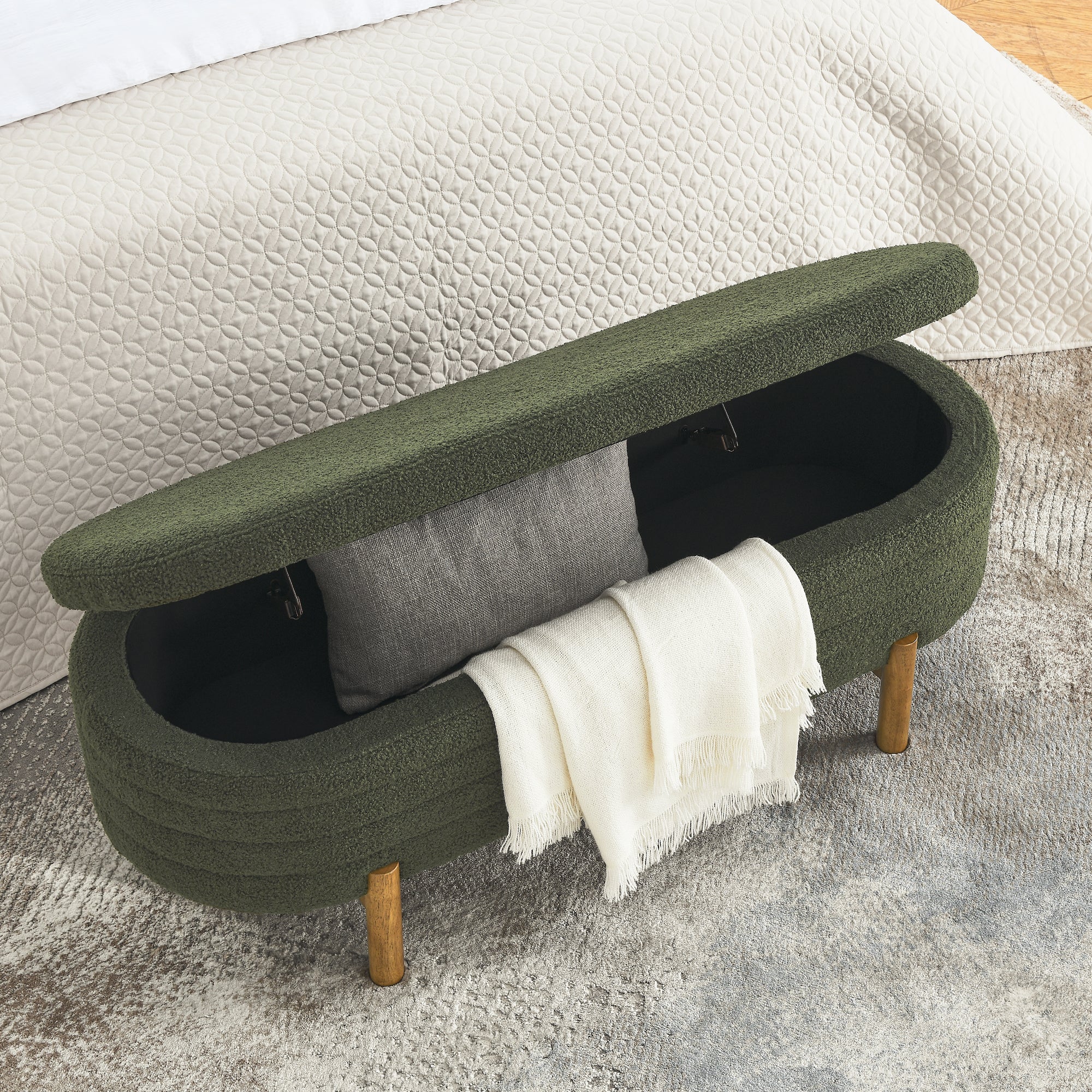 Upholstered Oval Storage Bench with Rubber Wood Legs