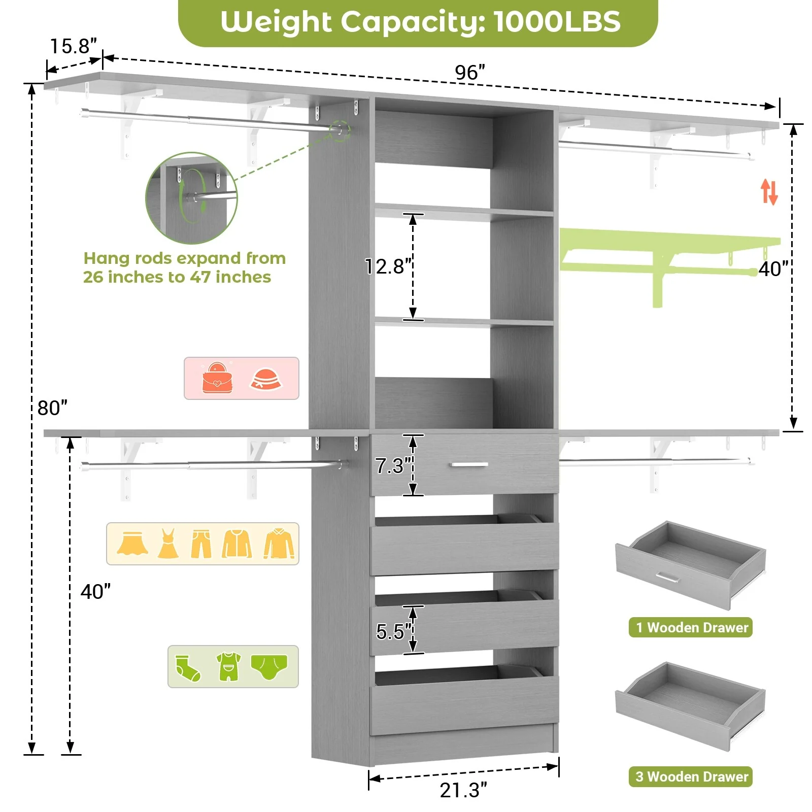 Rackcog 96'' Closet System with 4 Drawers and 4 Hanging Rods, 8FT Wood Closet Organizer for Walk-in Closet