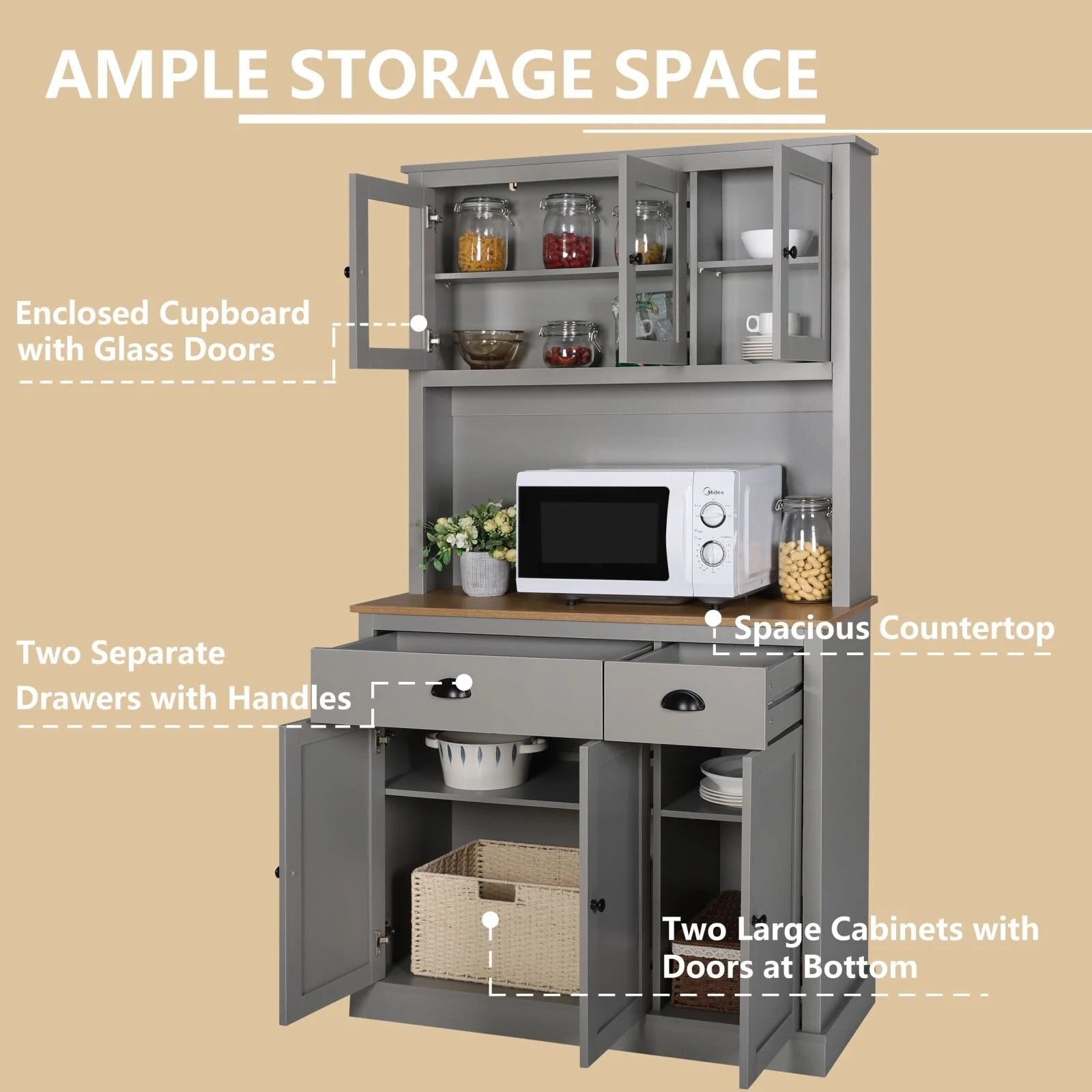VEIKOUS Pantry Kitchen Cabinet Storage with Microwave Stand and 3 Adjustable Shelves