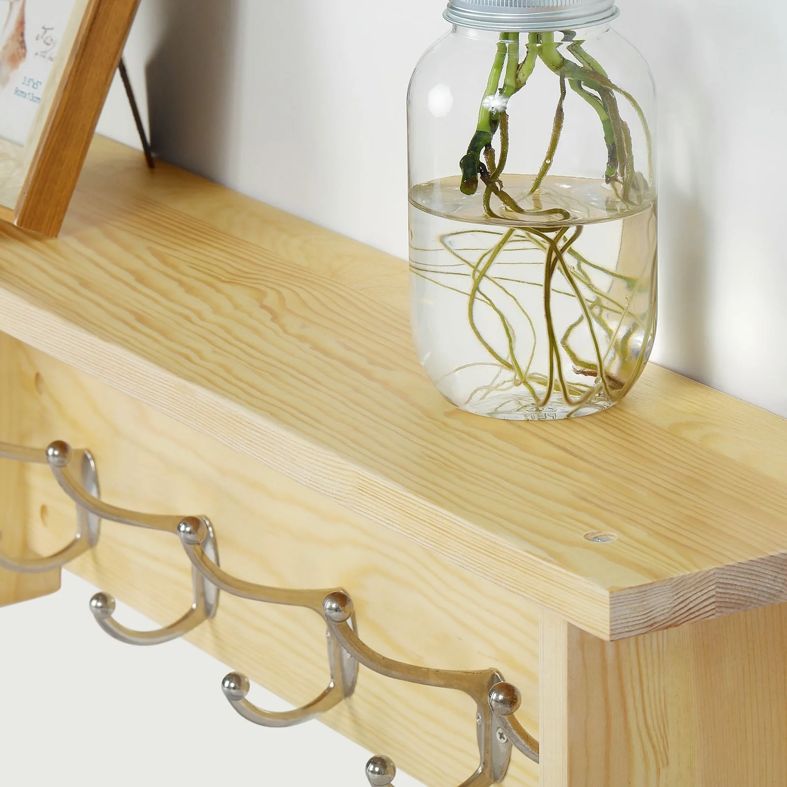 Rustic Wall Mounted Coat Rack with Storage Shelf & Metal Hooks