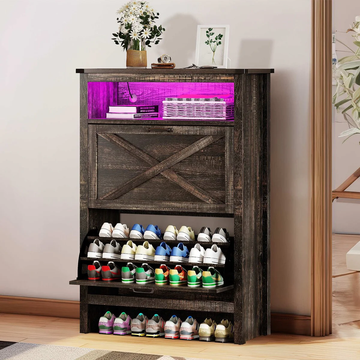 Moasis 2 Flip Drawers Shoe Storage Cabinet with LED Lights 16 Pairs Shoe Rack for Entryway
