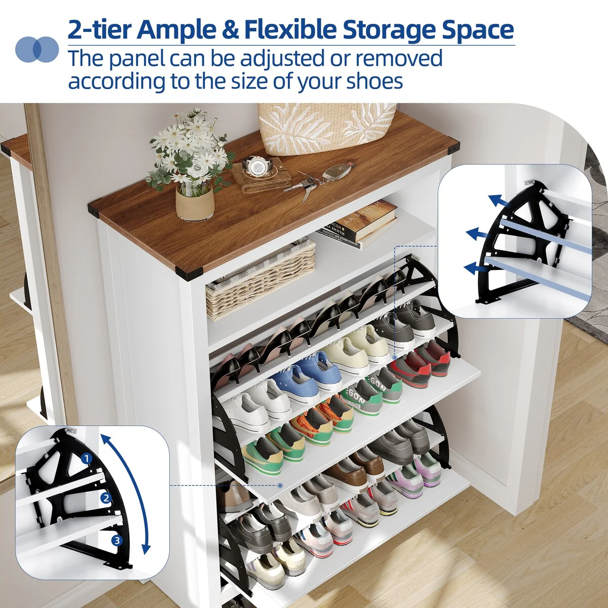 Moasis 2 Flip Drawers Shoe Storage Cabinet with LED Lights 16 Pairs Shoe Rack for Entryway