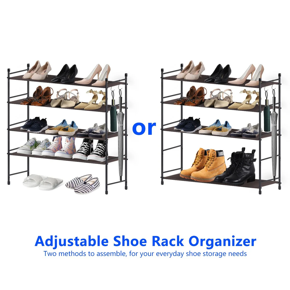 Freestanding Sturdy Fabric Shoe Rack Organizer with 2 Metal Hooks, Bronze