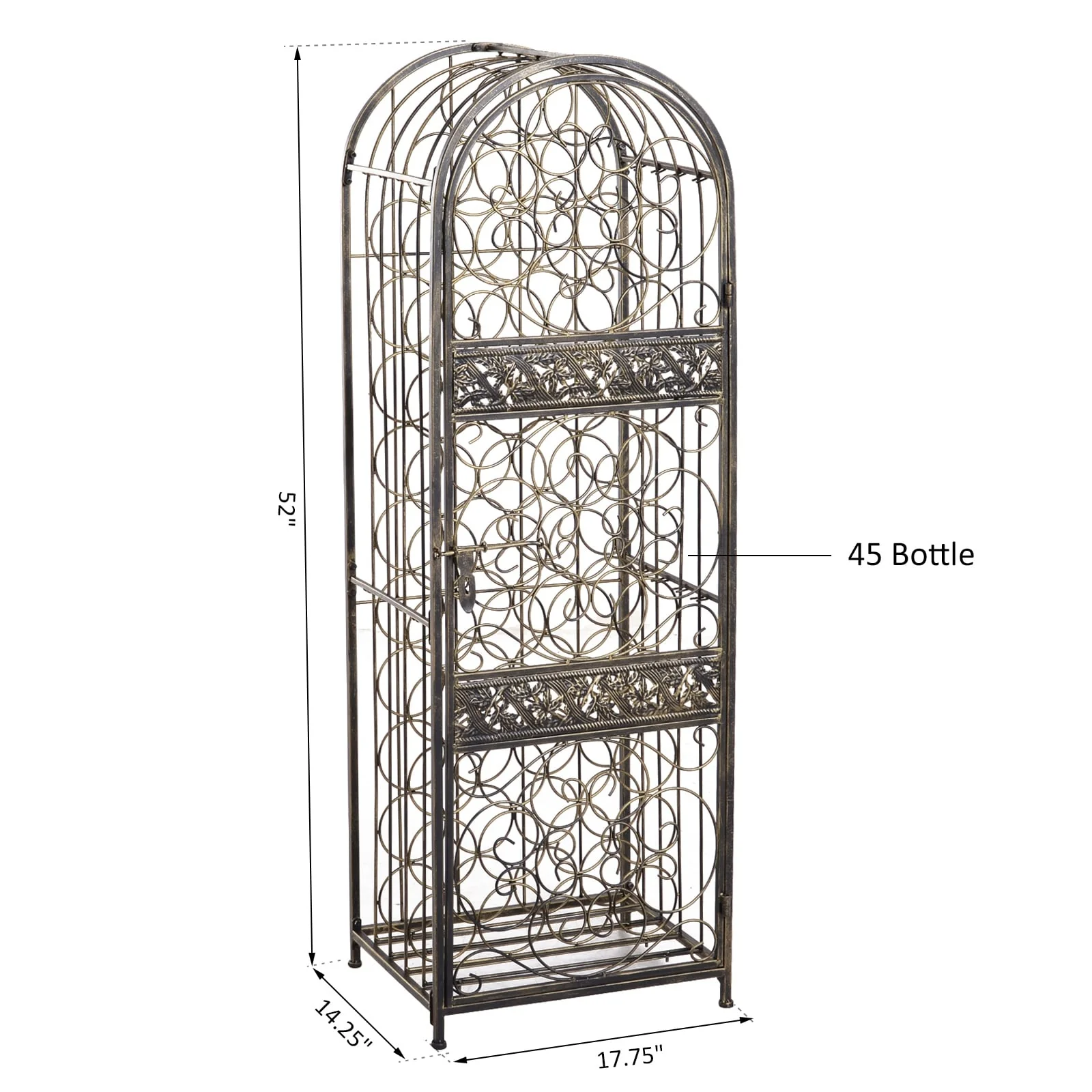 HOMCOM 45 Bottle Wrought Iron Wine Rack Jail with Lock - Antique Bronze - 17.5*14.25*52