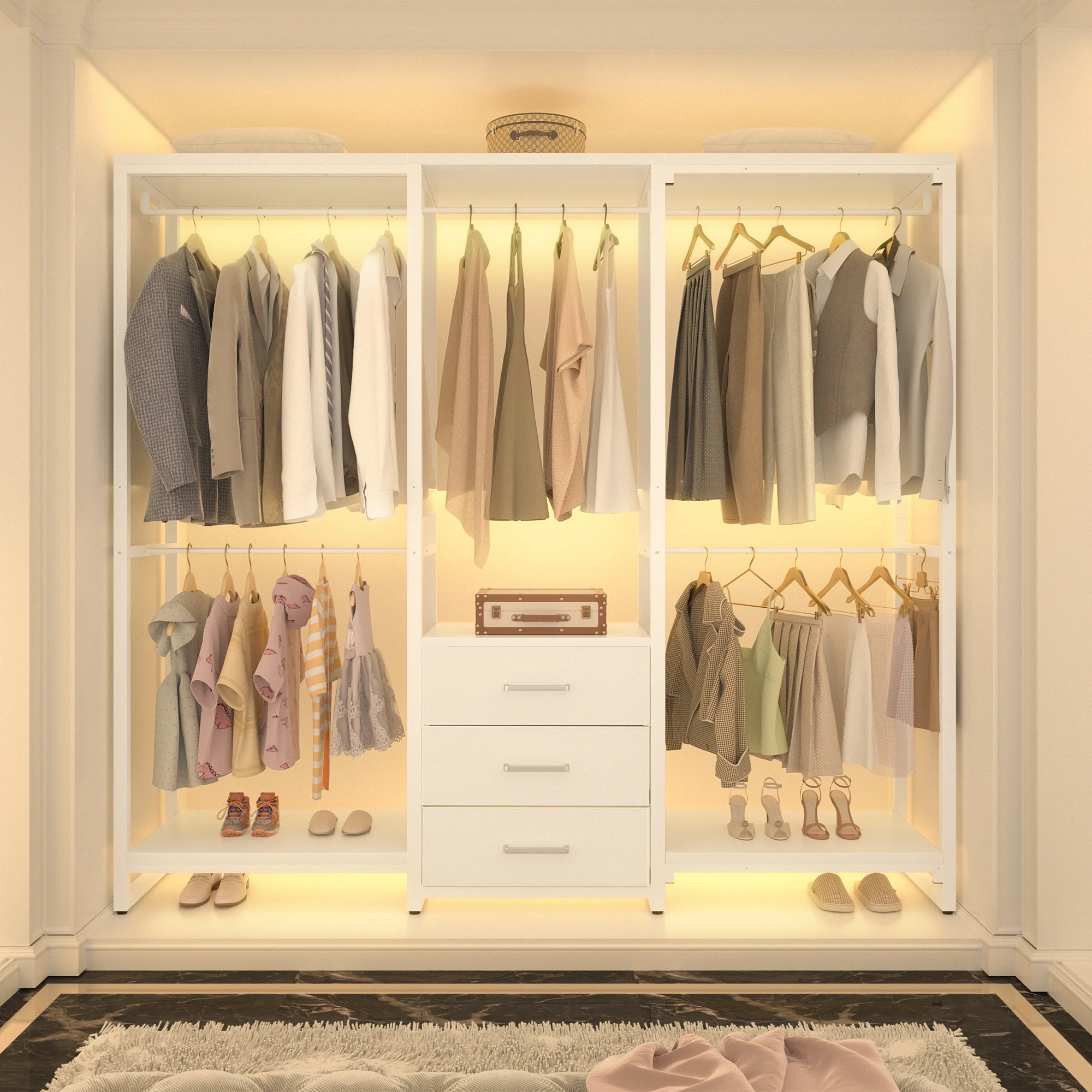 65.6'' Heavy-duty Garment Rack, Freestanding Closet Organizer with Fabric Drawers and 5 hanging Rods