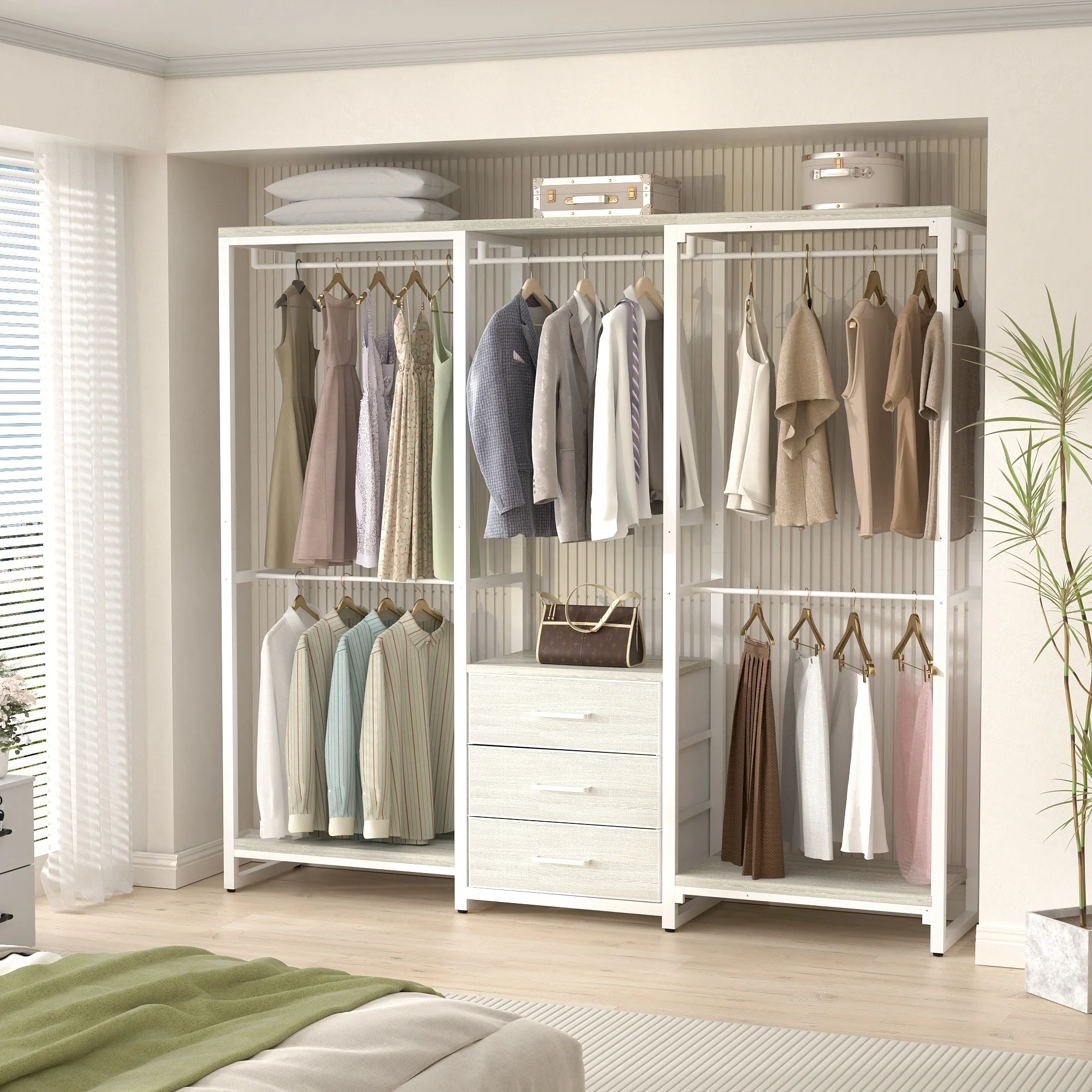65.6'' Heavy-duty Garment Rack, Freestanding Closet Organizer with Fabric Drawers and 5 hanging Rods