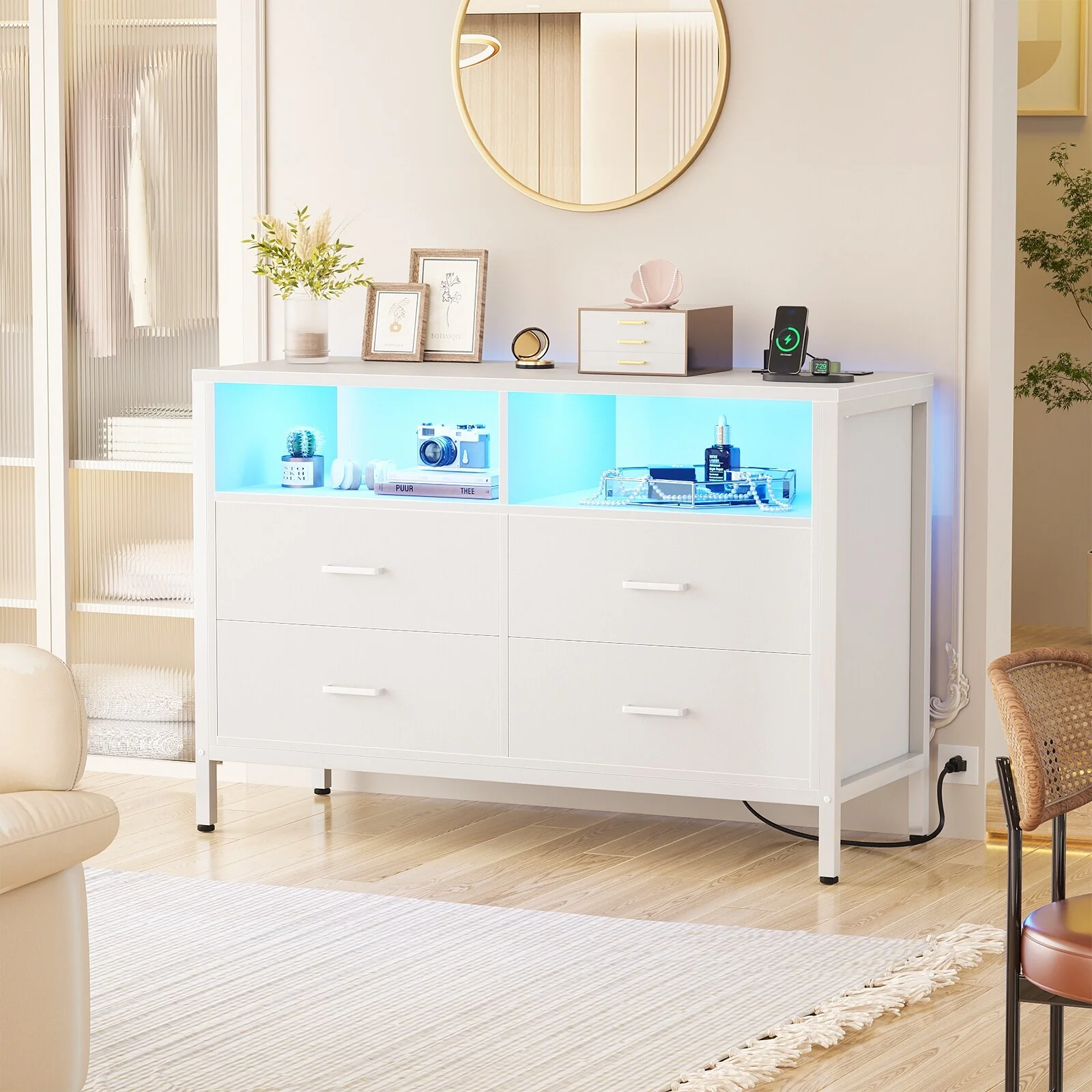 Chest of Drawers with LED Lights and Outlets,Wood Drawer Dresser for Clothes Storage