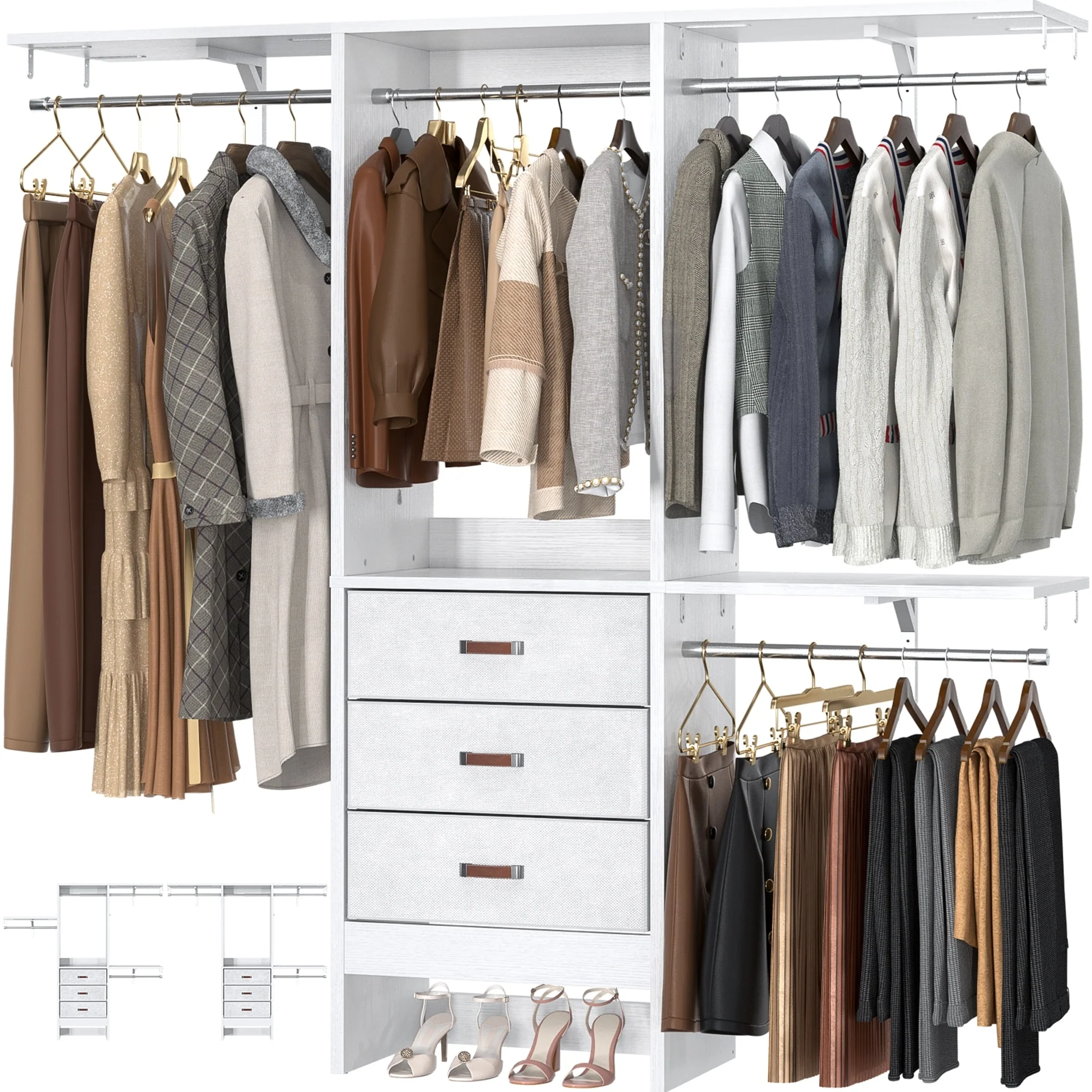 4FT Kid‘s Closet System with Fabric Drawers, DIY Closet Organizer with Adjustable Hanging Rods