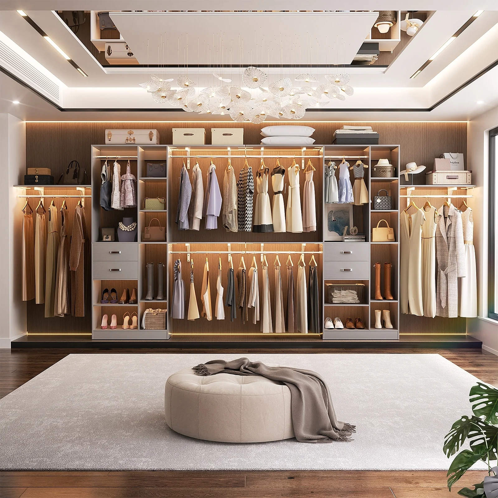 31.5'' to 96'' W Closet Organizer System with Drawers and Tower Shelves for Reach-in and Walk-in Closet