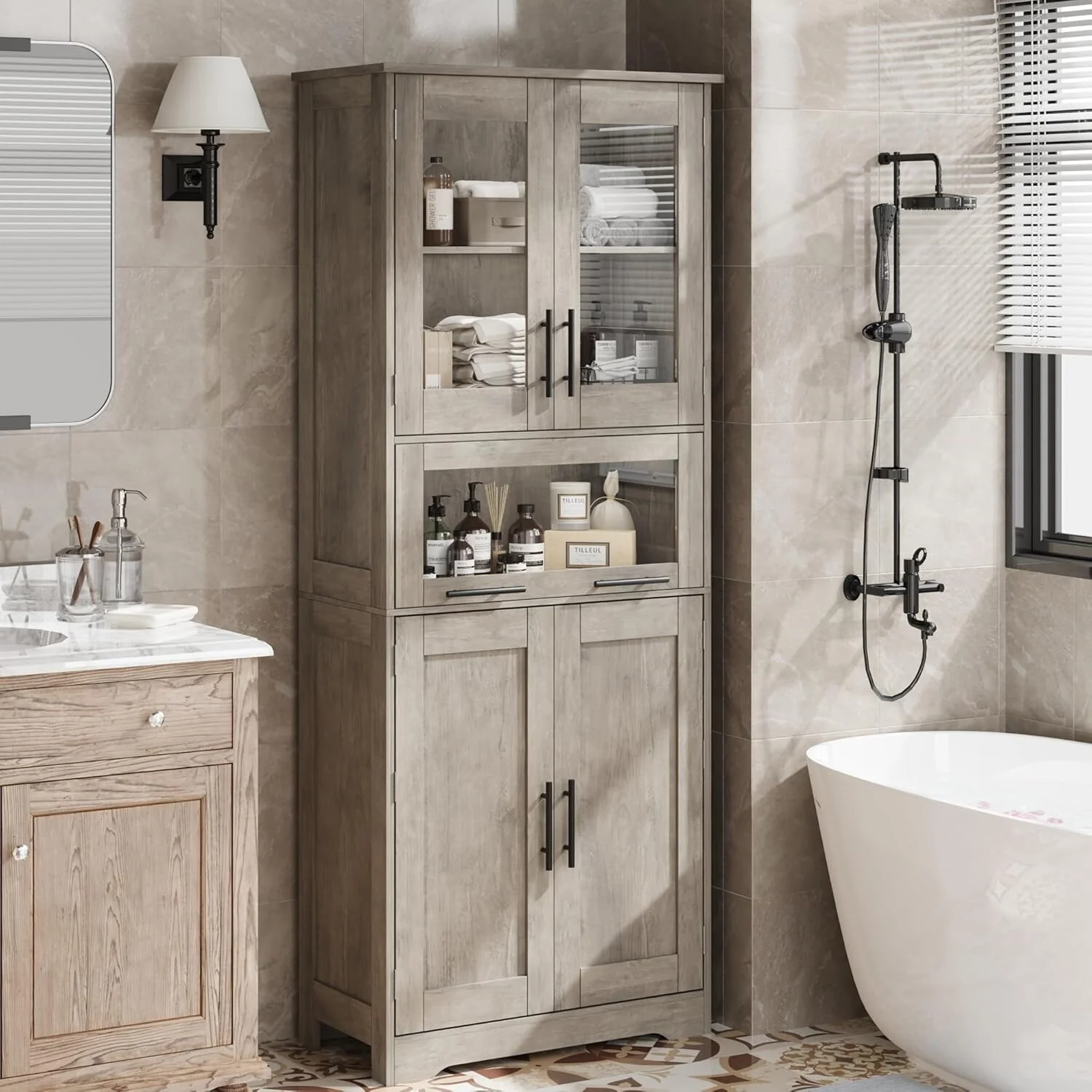 Tall Bathroom Cabinet, Linen Storage Cabinet with Doors and Adjustable Shelves and Drawer