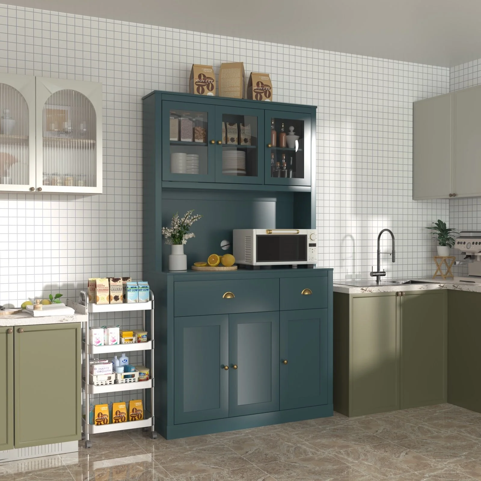 VEIKOUS Kitchen Pantry Storage Cabinet Cupboard with Framed Glass Door and Drawer