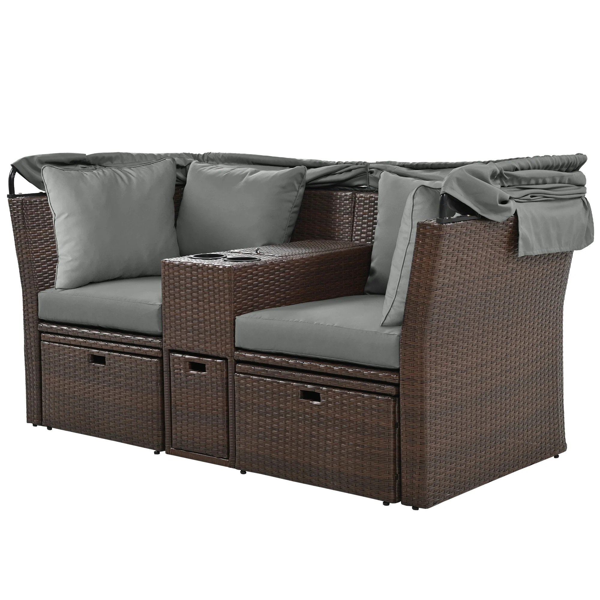 Wolframite 2-Seater Outdoor Daybed with Cup Holders and Storage Boxes