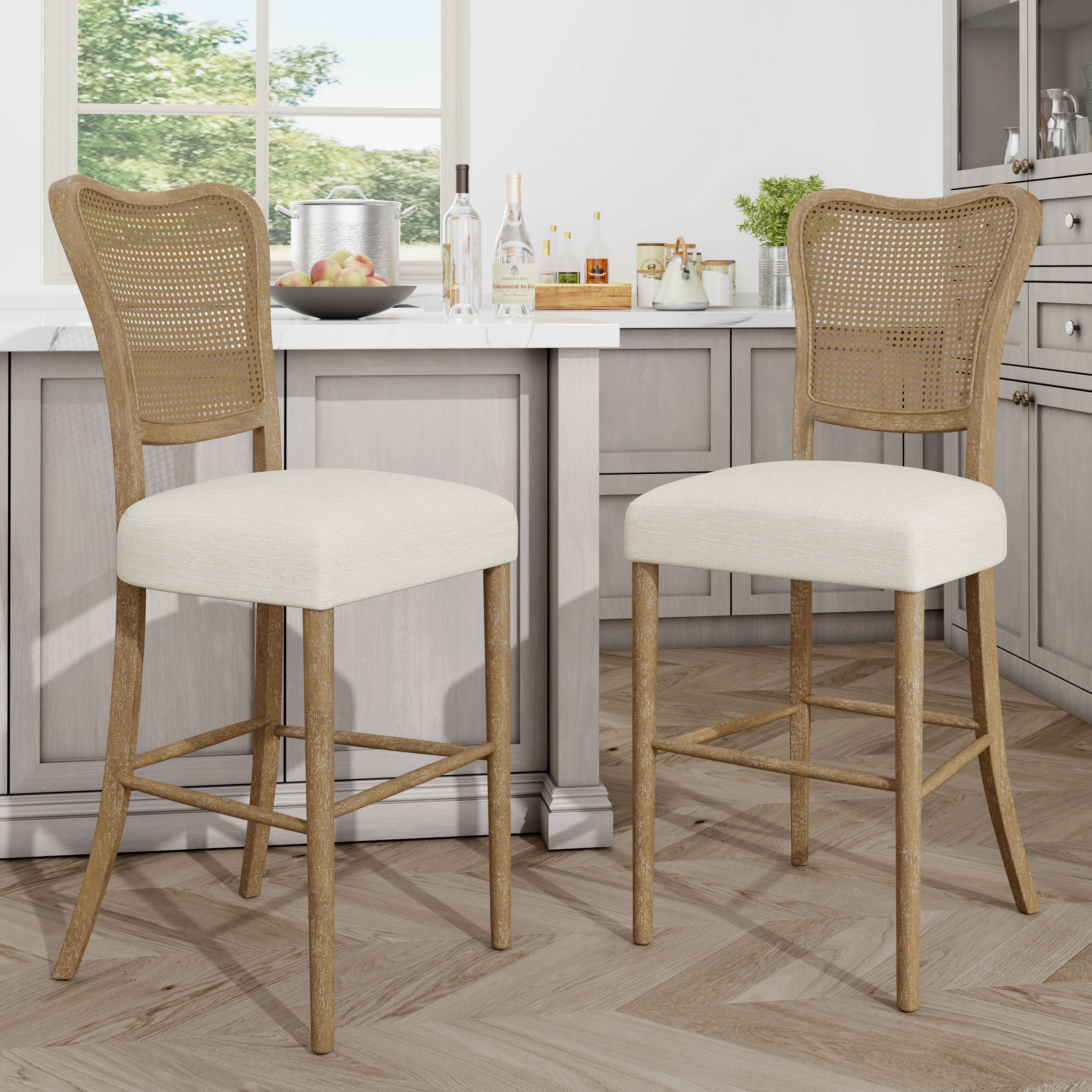 Cane-Back Upholstered Bar Stools, Set of 2